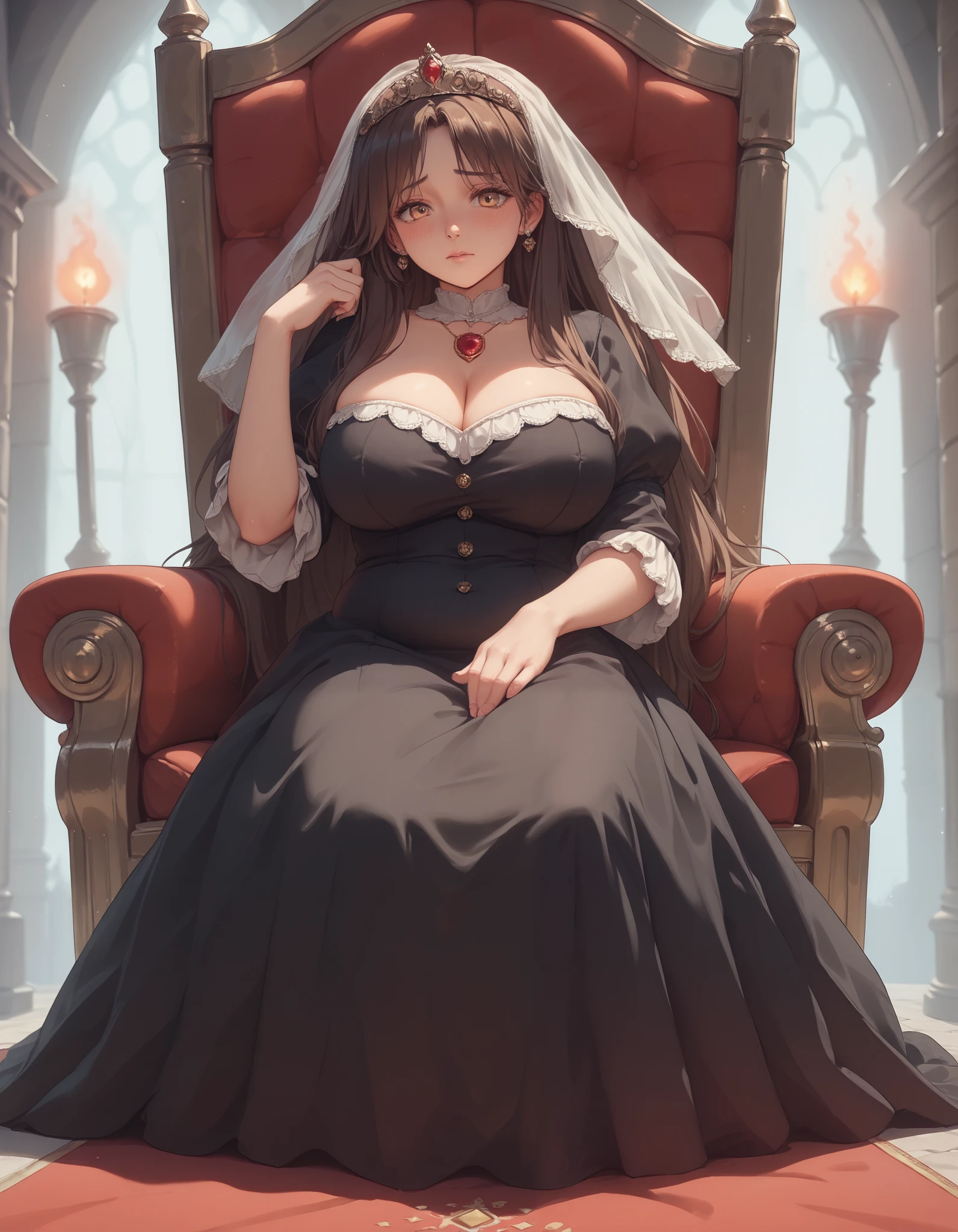 Girl, , young girl, amber eyes, long brown hair, big breasts, tiara, throne, royalty, noble, chubby, medieval, warm light, torch, detailed background, earrings, princess, castle, palace, throne, blush, full-face blush, shy, shyness, shy gaze, black and white clothing, black long dress, queen dress, royal dress, ruby, red gems, white veil, medieval veil