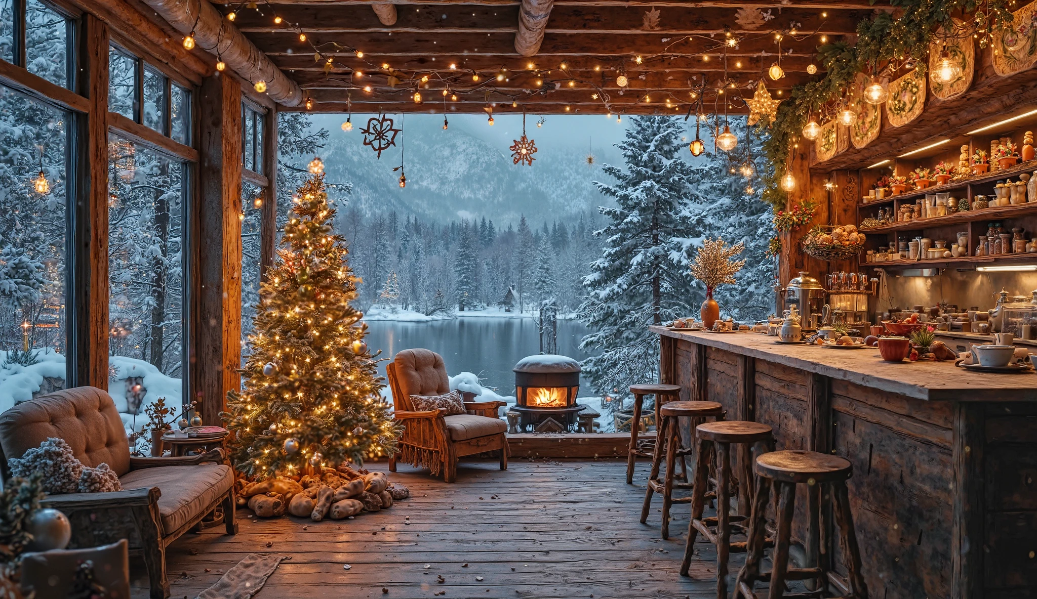  묘사하는 열린 나무 카페, gỗ  (Close-up of an amazing masterpiece4k Surrealism, photography style" Turn your cabin into a brilliant Christmas fairy world with a touch of Ảnh siêu thực 4k, Cảnh quay cao, nhiếp ảnh nghệ thuật chuyên nghiệp, màu vàng dịu , chuyển động rọ nét  !   Hãy tưởng tượng một cabin ấm cúng trôi nổi trong không gian  , có kích thước lớn, cửa sổ toàn cảnh trưng bày những ánh đèn lấp lánh của một thành phố tương lai bên dưới. Bắt đầu với bảng màu bạc và xanh lam để tạo ra một không gian như không gian. Use metal ornaments and ball balls to decorate a white or silver Christmas tree, tạo ra một ánh sáng rực rỡ phù hợp với cảm giác vũ trụ của cabin. Thêm đèn dây LED xung quanh cửa sổ, mô phỏng các vì sao trong không gian, và treo những ngôi sao và hành tinh phát sáng từ trần nhà để tạo ra một bầu không khí siêu thực. Đặt những đồ trang trí tương lai,  như những bông tuyết bạc và vòng hoa ba chiều , Along the walls. Để thêm một chút hoàn thiện, Dự án mềm mại, the sparkling light moves like the aurora on the green and beautiful ,  overlooking the lake and snow-capped mountains , It there is a beautiful shiny metal coffee pot ,  glass counter with bread and pastries , với những chiếc ghế đẩu gỗ thoải mái ,  behind the counter is a beautiful bookcase with a variety of breads and pastries ,  a charming picture writing Cafe prices products.  Outside is a beautiful outdoor wooden floor at winter twilight , a small round wall with embers of a fire ,  there is a beautiful fence running through small stakes with these pretty little oil lamp,  the beautiful metal fireplace on the cafe wall ,  next to piles of perfectly arranged firewood , vases with small leafy trees ,  } comfortable wooden armchairs to relax ,  một chiếc bàn cà phê gỗ  mạc với một cây có bình hoa là chai lọ ,  cups of coffee and an alternative scented candle , ,  a small sedge basket with a book at the top and many decorations make up the cozy space .  Can enjoy cloudy winter days with accumulated snow .