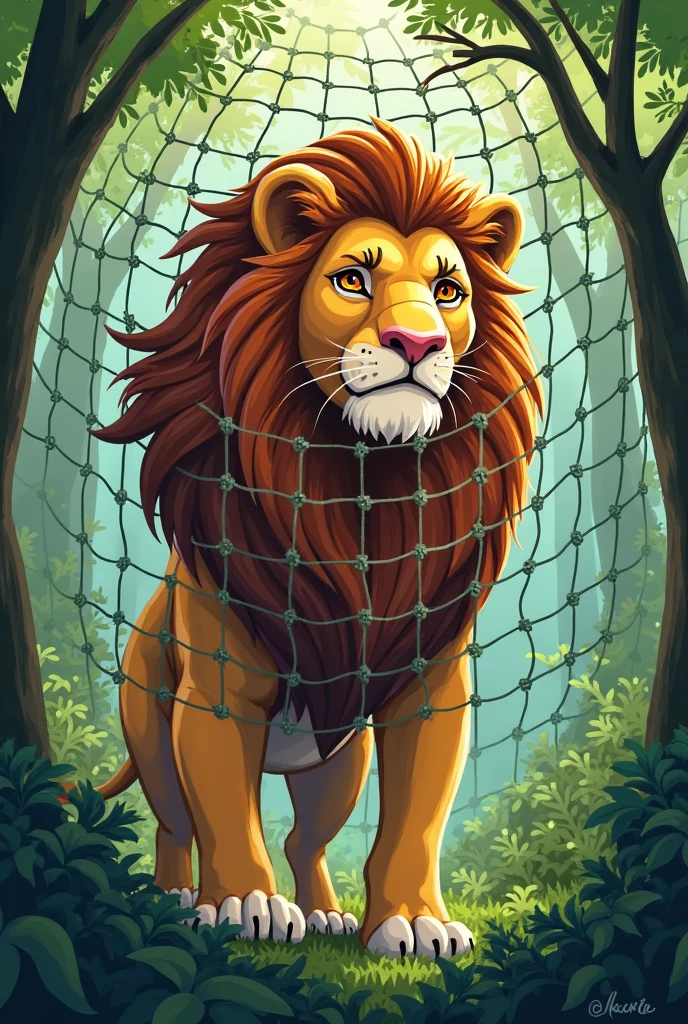 The lion struggles in a hunter’s net, looking very sad.
Show as cartoons