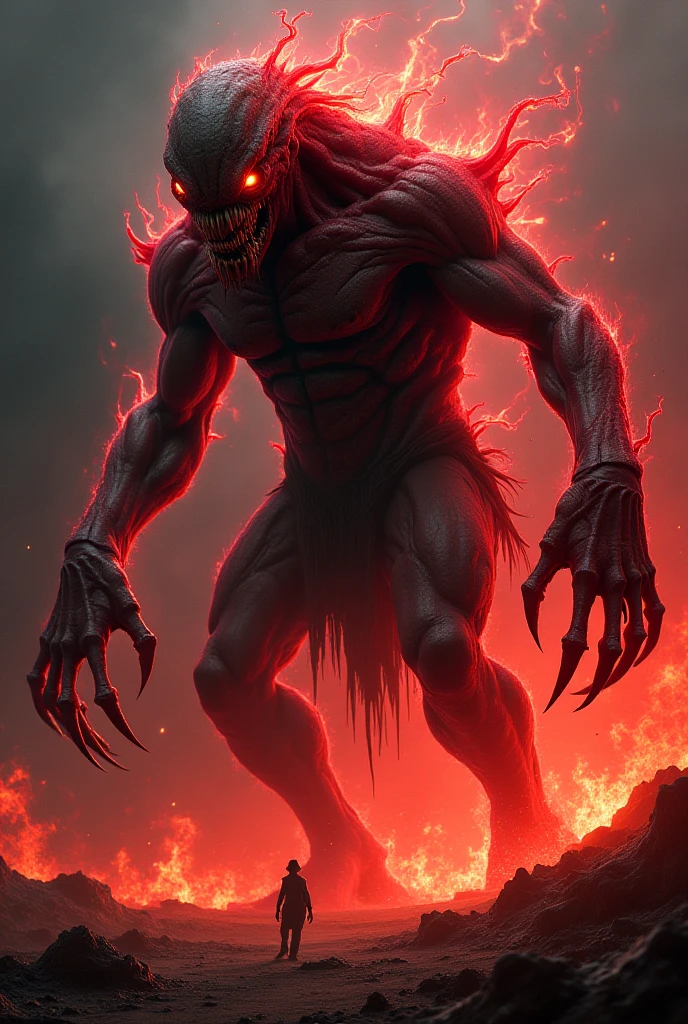A monstrous figure, with eyes situated on its chin and a mouth adorning its forehead. Legs and arms sprouting from its head, creating an eerie and unsettling appearance. Redskin texture covering its ragged body. The scene set in a dystopian location, awash in saturated orange tones. In the realm of a 2D retro game, horror unfolds with each grotesque detail. (best quality, 4k, atmospheric, horror, retro game, 2d, red tones, monster, surreal, detailed, gritty)