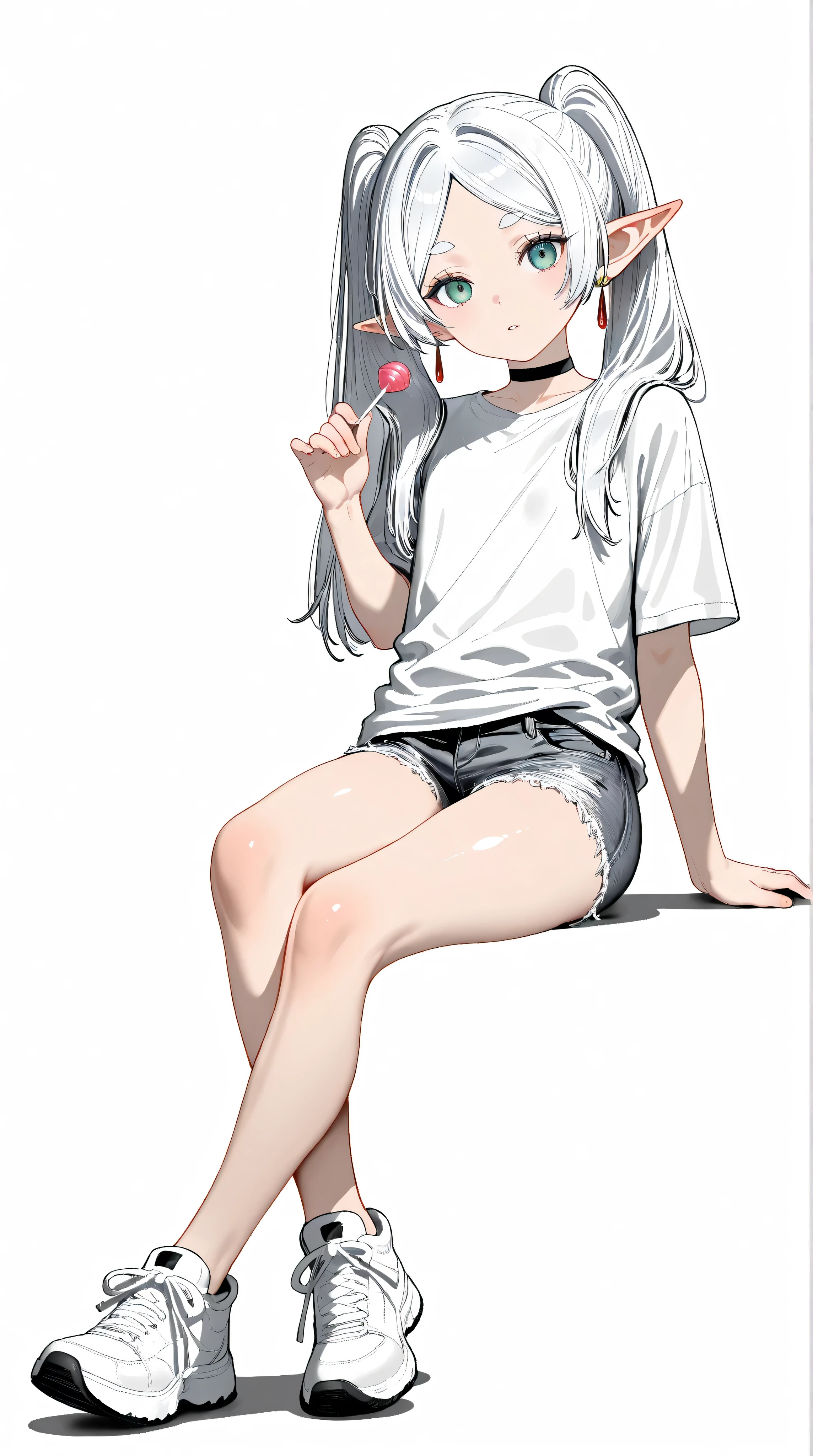 (lineart,screentones,monochrome,greyscale,comic),masterpiece,best quality,newest,highres,absurdres,very awa,shiny skin,(artist:loika:0.5),(artist:xiaoshou xiansheng:0.8),artist:rin31153336,artist:gawako,1girl, Frieren,solo,flat chest, long hair, simple background, white background,white white shirt, t-shirt, short sleeves,frayed denim shorts, head tilt,sneakers, twintails, full body,sitting,crossed legs,white hair, choker, pointy ears,elf,holding lollipop,parted lips,