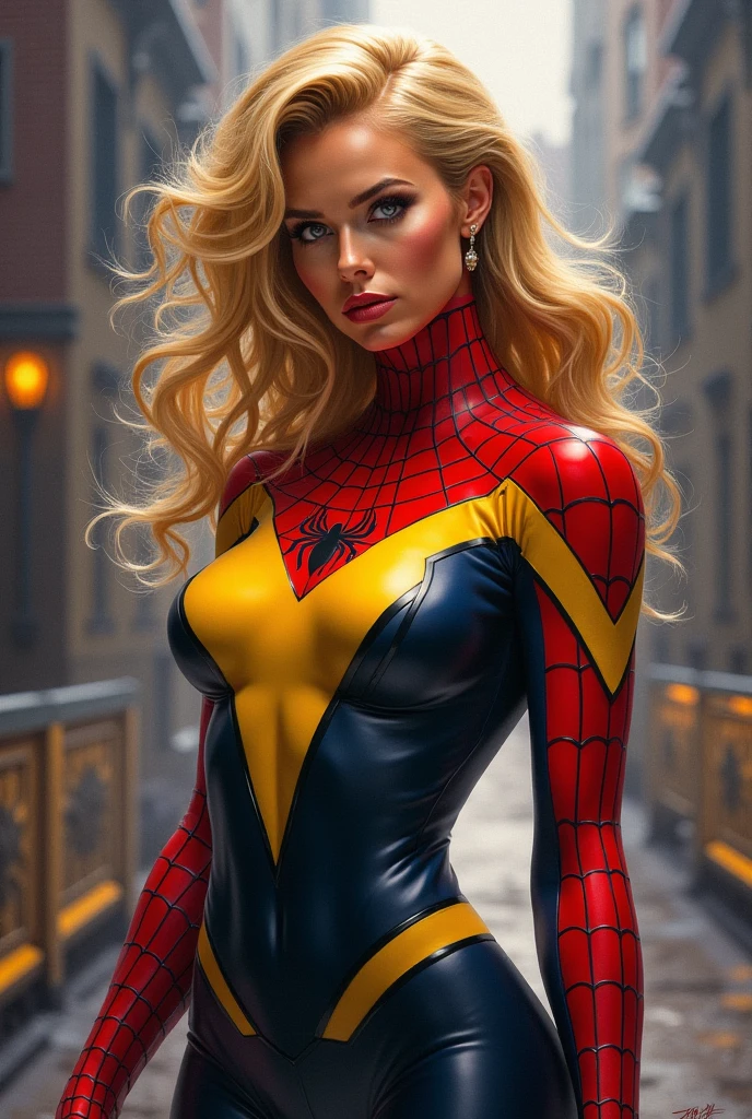 8k, Ultra HD, super details, high quality, high resolution. The heroine Gwen Stacy looks beautiful as Spider Woman in a full-length photo, her body is sculptural, her short wavy blonde hair is radiant in a perfect combination with her white skin, her bright blue eyes mesmerize everyone. She is wearing her superhero costume. Spider-Woman's costume is a superhero costume that combines spider elements with an elegant and functional design. Generally, the outfit consists of a tight bodysuit, often in shades of red and blue, with stylized spider web details. Additionally, Spider-Woman often wears boots and gloves that complement her costume. She looks very sexy, drawing attention to her big breasts and thick legs.