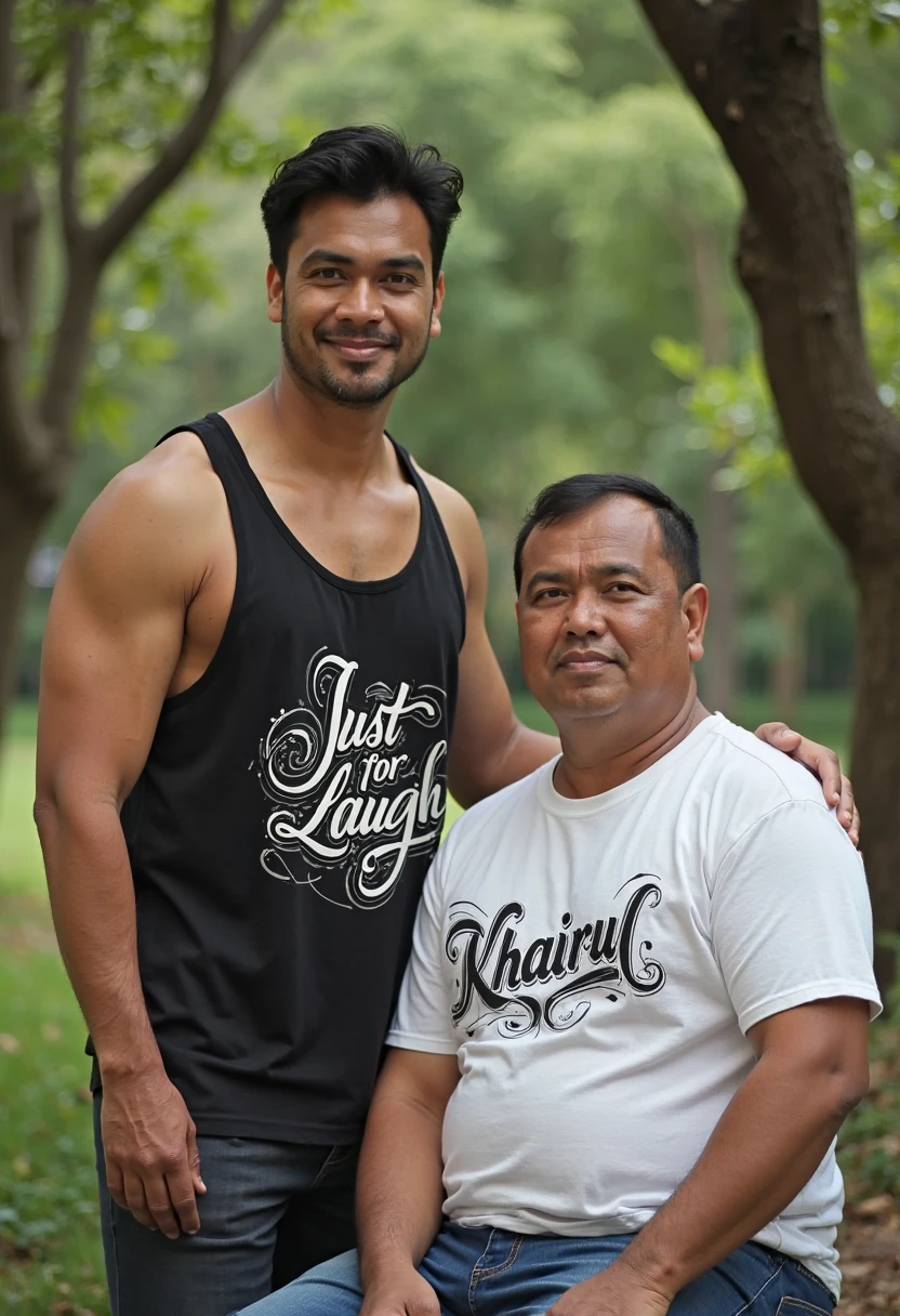 Two young Thai grandfathers with gray hair, gray mustaches, muscular bodies, bulging crotches, wet with sweat, are sitting along the canal.
