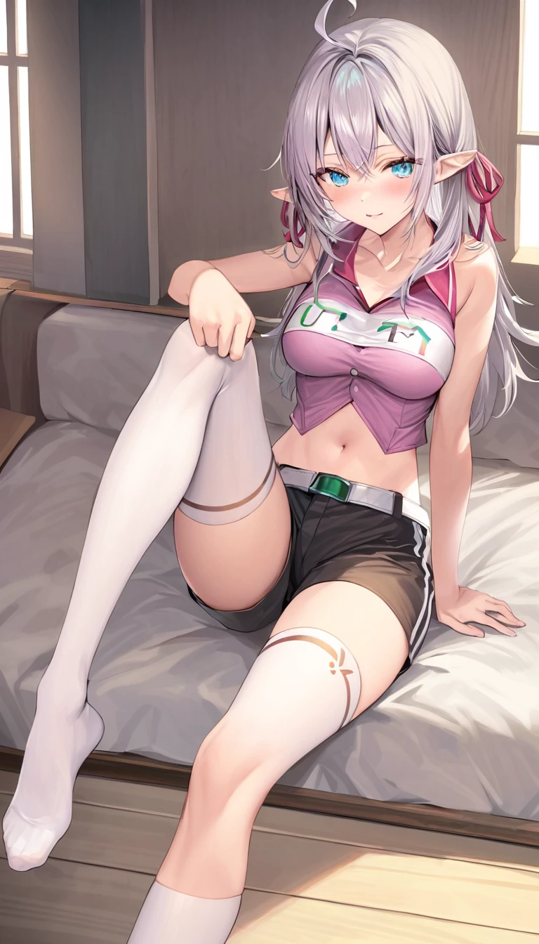 absurd, masterpiece, highest quality, realistic, Super detailed, (shiny skin, Sweat: 1.4), slim, line of sight viewer, 1 girl, alone, tennis wear, white polo shirt, white sneakers, white mini skirt, long hair,pink hair, blue eyes, (thick thighs: 0.5), dynamic lighting, High resolution, sharp focus, Depth of the bounds written, small breasts