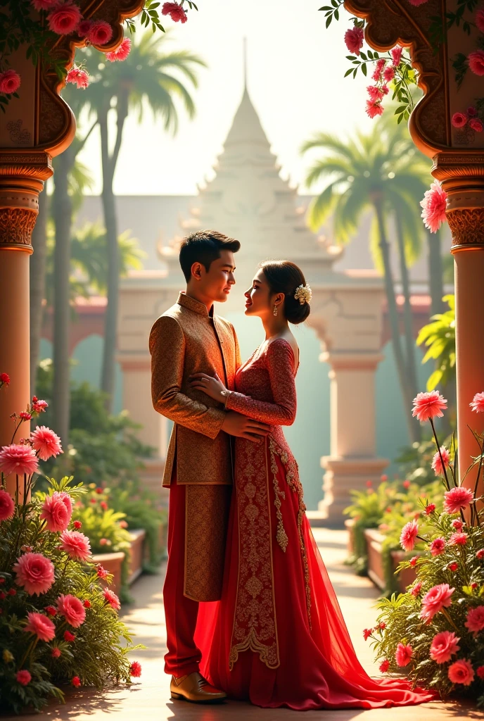 araffes are dressed in traditional clothing and standing in front of a taj mahal, traditional clothes, ao dai, traditional clothing, wearing ornate silk clothes, wearing traditional garb, intricate silk clothing, wearing authentic attire, traditional dress, south east asian with long, portrait shot, wearing ornate clothing, lovely couple, couple, traditional chinese clothing, religious robes
