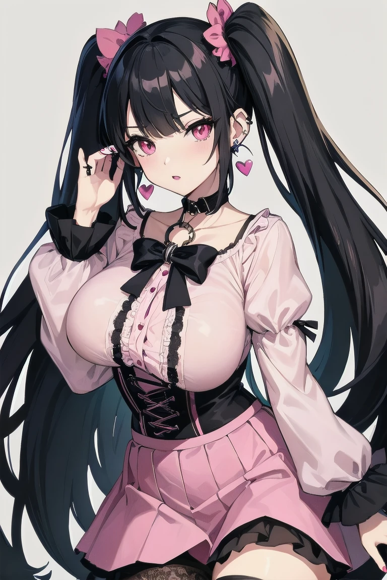 blush, smileglowing aura, natural light, masterpiece, glossy skin, juicy lips , ,sexy, hot, , cleavage, evil,juicy lips, bimbo, hour glass, long hair with black pigtails and cute cat ears, wide eyes, red eyes, massive , dark lighting, long hair, pink bow, lplatform shoes, bow in hair, golden round glasses, sandy blonde hair, juicy lips, cowboy shot, ((pink bow)), dress, fangs, garter belt, black pigtails with cat ears
