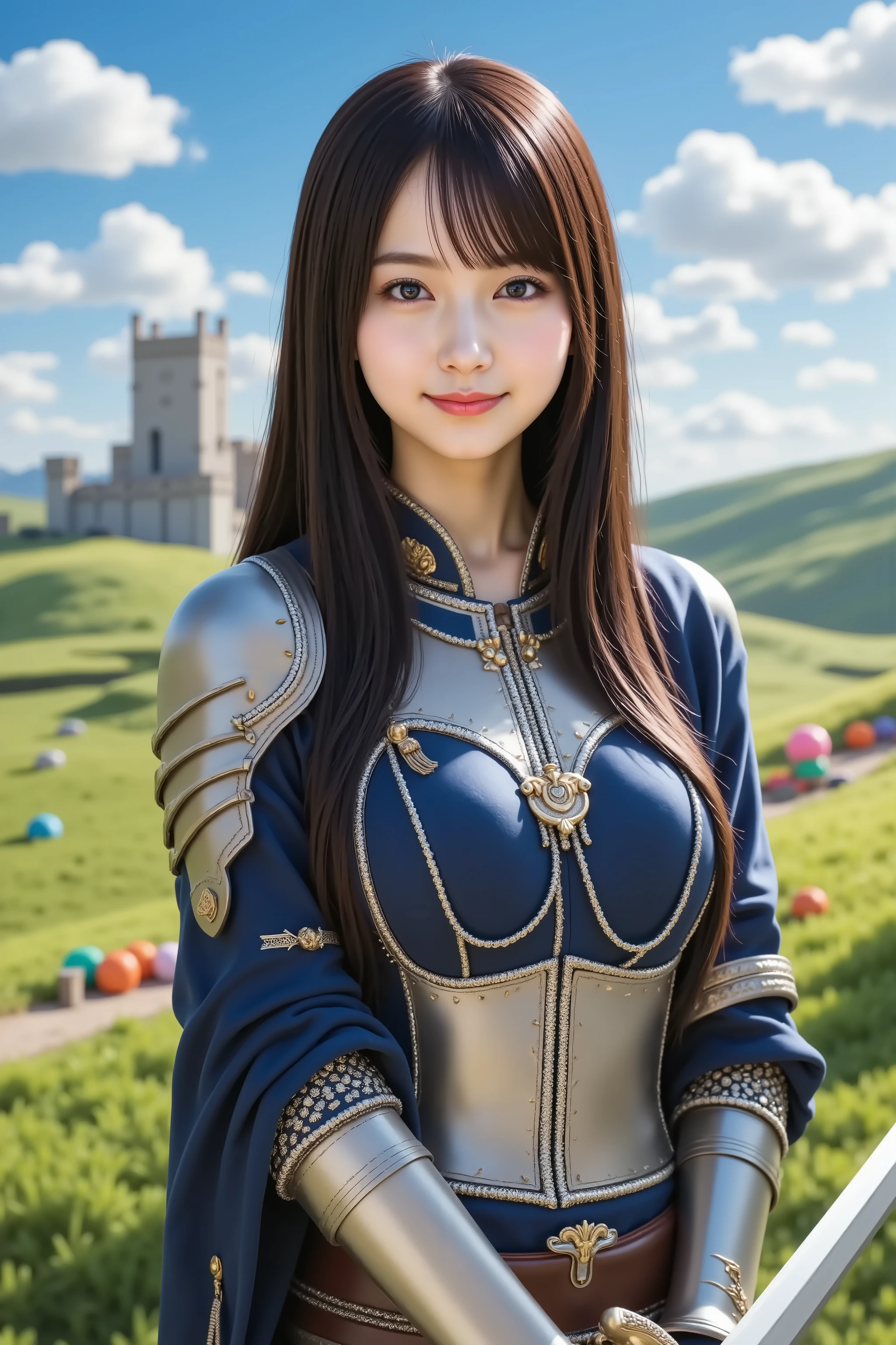 A highly detailed, ultra-realistic digital illustration of a beautiful young Asian female swordsman standing proudly in an expansive, lush green field inspired by classic fantasy RPGs. She is captured in a medium close-up shot, ensuring her entire head is visible with appropriate headroom while focusing on her from the thighs up. Her long, flowing black hair cascades down her back in soft waves, with delicate bangs framing her determined yet gentle face. Her deep, expressive eyes convey both courage and a sense of adventure, while her lips curl into a confident yet warm smile.
She wears an elegant yet battle-ready swordsman’s outfit, consisting of a fitted blue and silver tunic with gold embroidery, layered over a sturdy yet flexible set of leather and metal armor plates. A dark blue cape flows behind her, slightly lifted by the breeze, adding to her heroic presence. Her hands are clad in fingerless leather gloves, designed for both dexterity and protection. A wide belt with pouches and a sheath for her sword rests securely around her waist, completing her battle-ready ensemble.
She firmly grips a beautifully crafted longsword, its gleaming silver blade reflecting the sunlight. The hilt is intricately designed with golden accents, and the grip is wrapped in fine leather, ensuring a perfect hold. The blade rests slightly tilted to her side, as if she is prepared for battle but at ease in the moment.
The background showcases a vibrant, open field reminiscent of classic RPG settings, such as Dragon Quest, with rolling green hills stretching far into the horizon. The sky is a brilliant blue, dotted with fluffy white clouds. In the distance, a few scattered medieval-style buildings and a towering castle can be seen, hinting at a nearby town or kingdom. A dirt path winds through the field, leading toward adventure. Colorful slimes and small fantasy creatures can be spotted frolicking in the distance, adding a whimsical, game-like charm to the scene.
The composition is