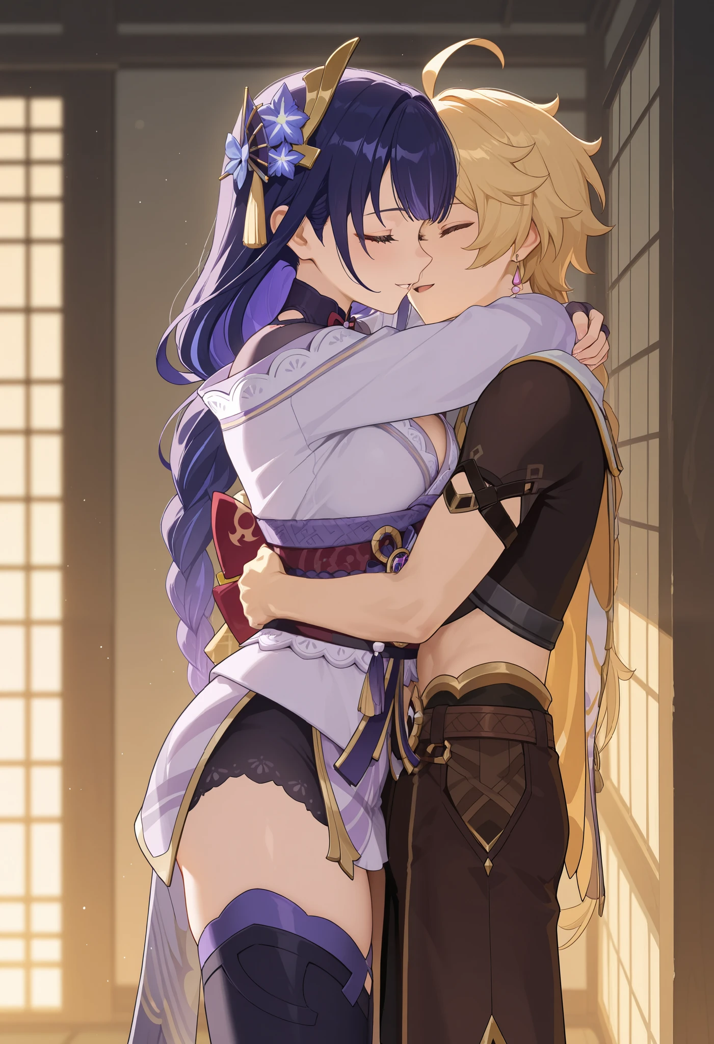 masterpiece, best quality, amazing quality, very aesthetic, newest, couple, hetero, (duo focus), 1girl \(raiden shogun: genshin impact\) \(detailed face, closed eyes, smile, parted lips, open mouth\) \(standing, hugging other, hugging male\), 1boy \(aether: genshin impact\) \(standing, hugging other, hugging female\), hug, hugging each other, japanese paper doors, warm lighting, sunlight, full shot, side view, (both in frame),