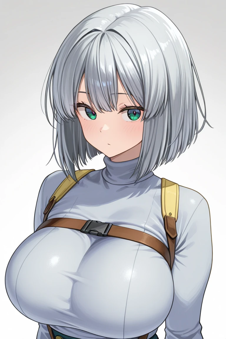 solo, 1girl, kind smile, looking at viewer, blush, large breasts, light brown hair, blunt bangs, bowl cut hair, aqua eyes, light green coat, hands_on_hip, otaku room, <lora:Menyoujan_style_v01.07:1>
