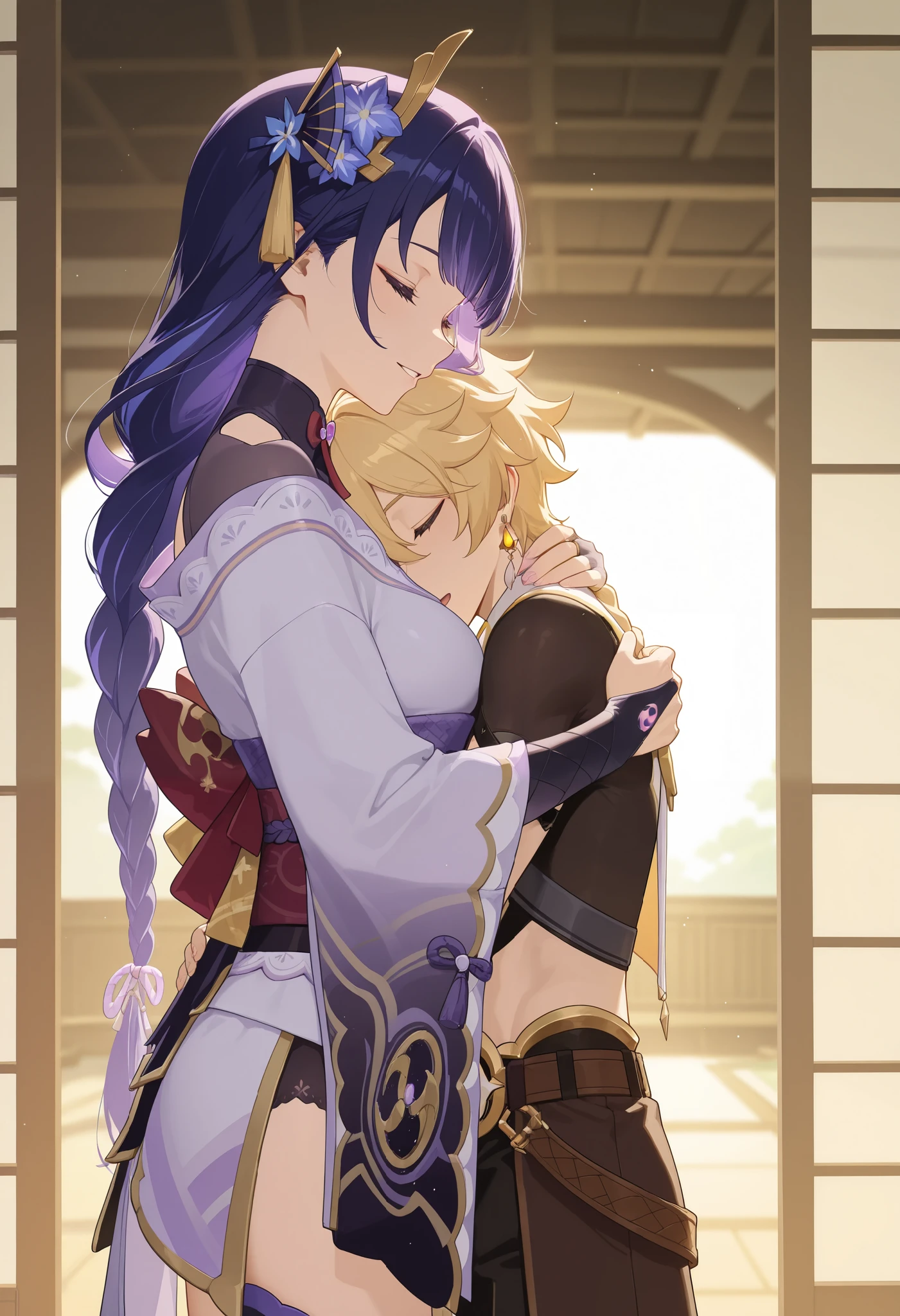 masterpiece, best quality, amazing quality, very aesthetic, newest, couple, hetero, (duo focus), 1girl \(raiden shogun: genshin impact\) \(detailed face, closed eyes, smile, parted lips, open mouth\) \(standing, hugging other, hugging male\), 1boy \(aether: genshin impact\) \(standing, hugging other, hugging female\), hug, hugging each other, japanese paper doors, warm lighting, sunlight, full shot, side view, (both in frame),