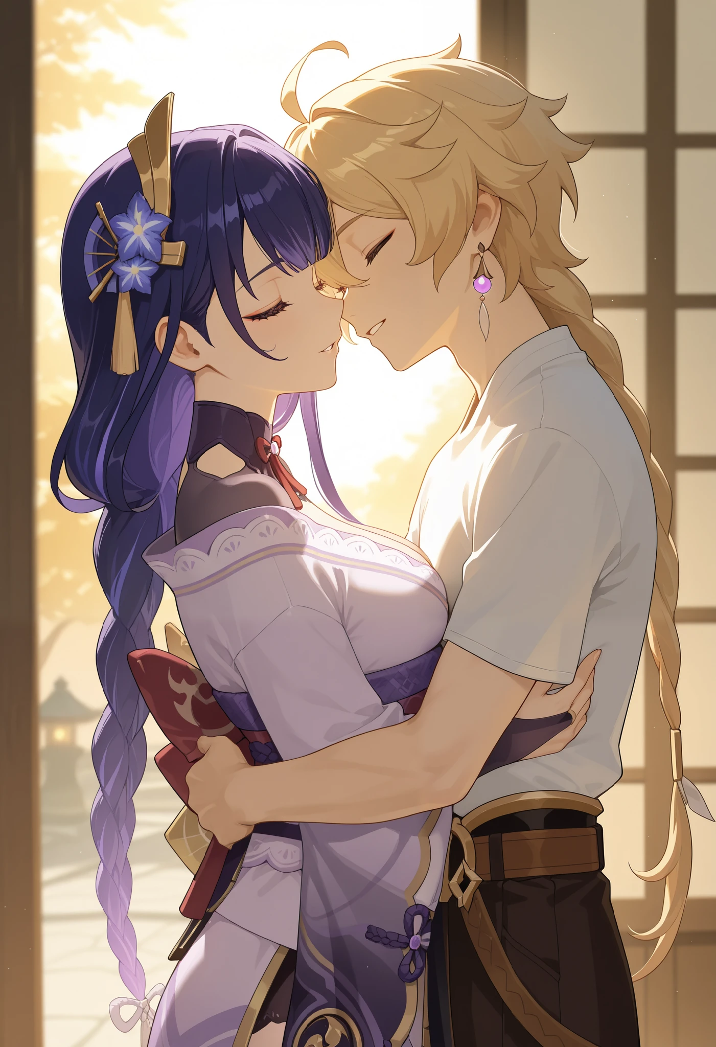 masterpiece, best quality, amazing quality, very aesthetic, newest, couple, hetero, (duo focus), 1girl \(raiden shogun: genshin impact\) \(detailed face, closed eyes, smile, parted lips, open mouth\) \(standing, hugging other, hugging male\), 1boy \(aether: genshin impact\) \(standing, hugging other, hugging female\), hug, hugging each other, japanese paper doors, warm lighting, sunlight, full shot, side view, (both in frame),