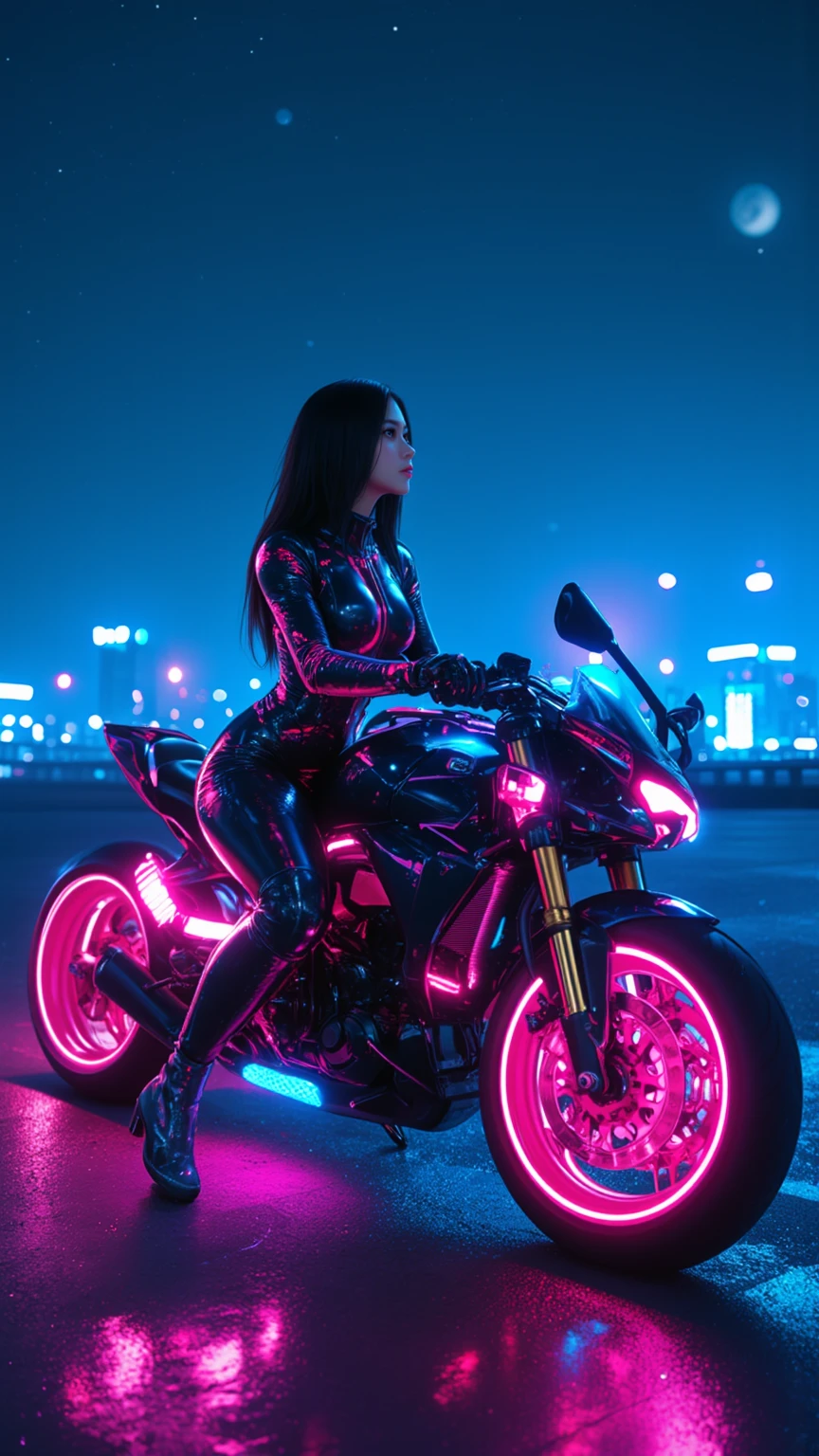 High quality futuristic cyberpunk scene,A smooth、neon lights parked ...