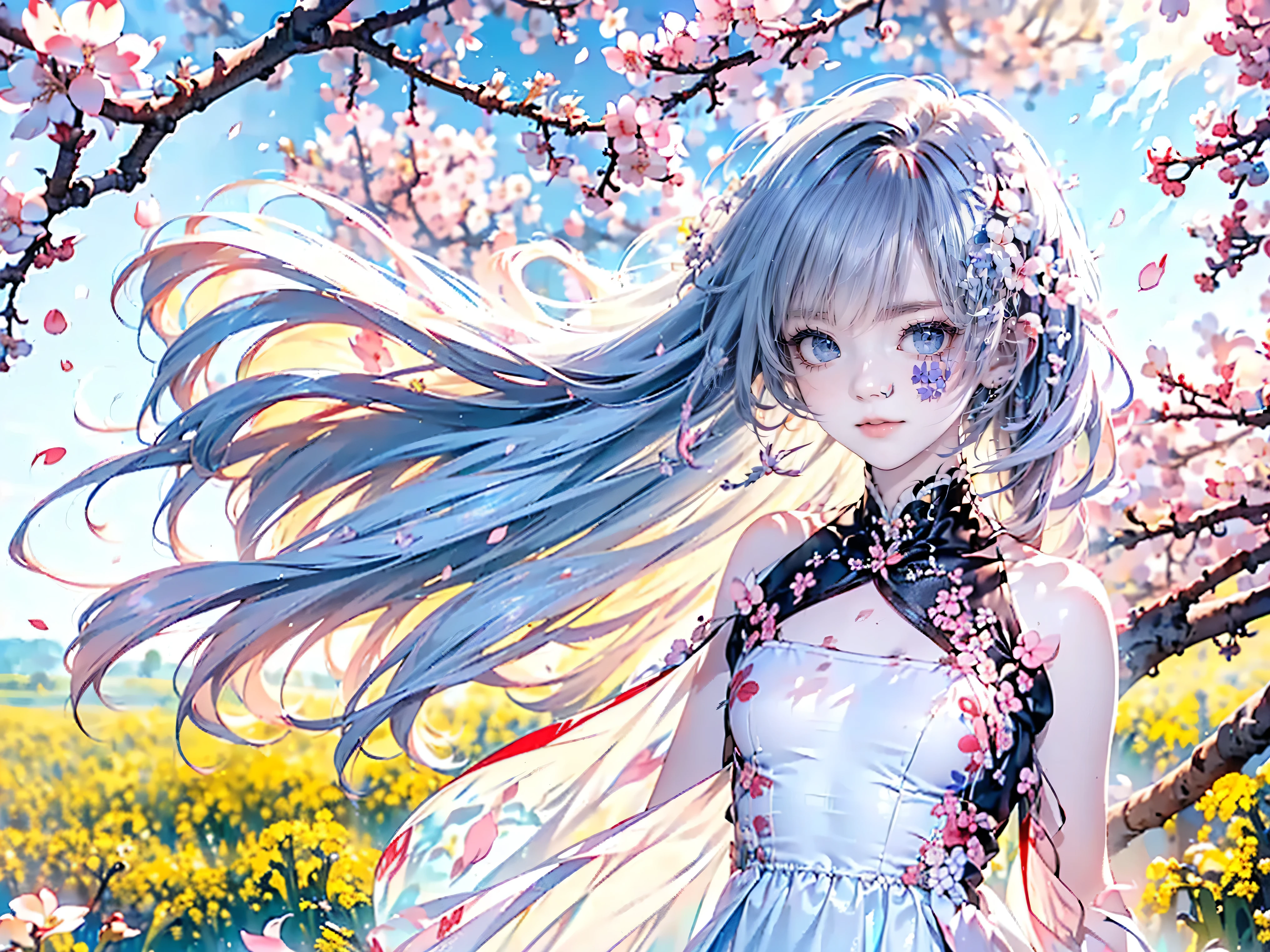 Highest quality, 8K, Highest quality, ((Cherry blossom petals fluttering in the air)), ((Odd-eyed high school girl)), ((Heterochromia, red eyes, blue eyes)), ((Sparkling, delicate eyes)), (Very precise eyes), (Long platinum and purple hair), Princess cut, ((Translucent, shining white skin)), Shining skin, Very white skin, ((Small breasts)), ((Anatomically accurate depiction)), ((Detailed depiction down to the fingertips)), ((Wearing a silk dress embroidered with cherry blossoms), ((Standing in a meadow full of rapeseed flowers and cherry blossoms)), ((She holds back her hair blowing in the wind with one hand)), Smiling, Illuminated by the morning sun, Fantastic, Very beautiful, Light dances around her along with the glow of the rapeseed flowers and cherry blossoms