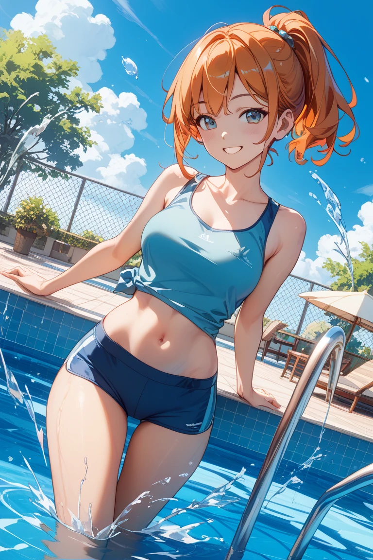 blue sky、1 Girl、Long-term focus、Configuration with depth、Drinking water in plastic bottles、 Cumulonimbus、Outdoor、alone、Have、(petals dance)、grassland、leaf、blue sky、petal、Are standing、Tank top shirt、Shorts、Crescent Moon、(shape)、Many flower stars、Highest quality、Beautiful Face、Detailed Description、smile、