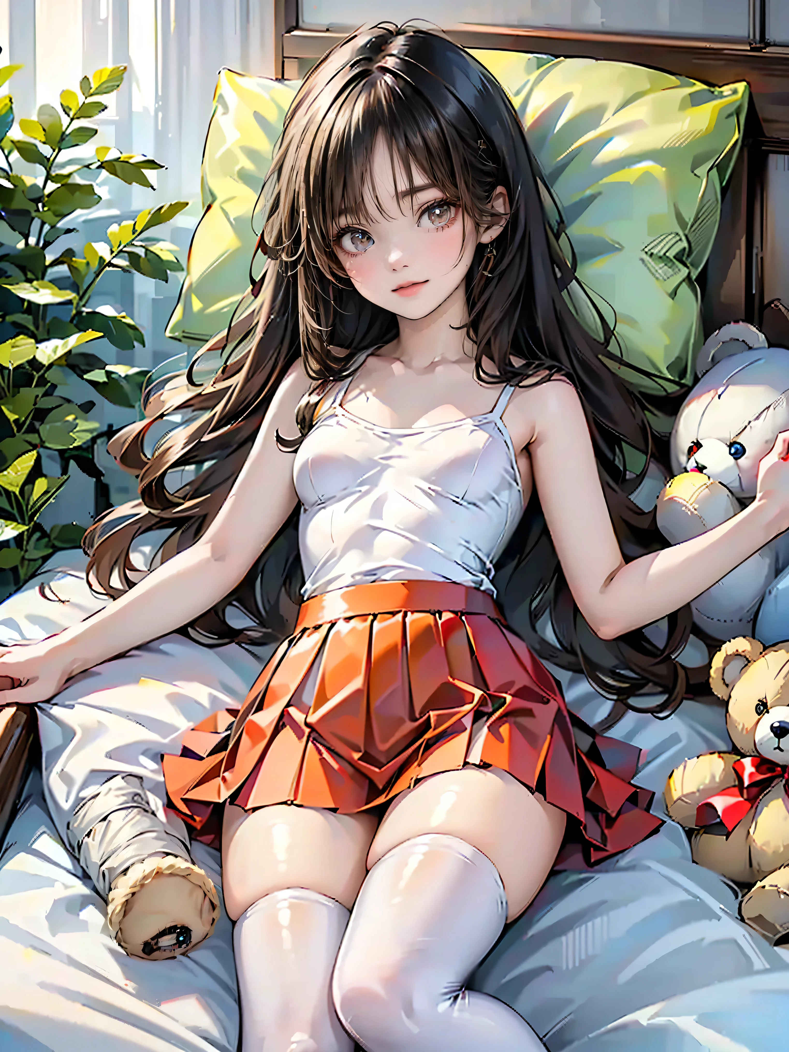 Best quality, 8K, Best quality, Masterpiece, ((Odd-eyed high school girl)), ((Heterochromia, Yellow Eyes, Red Eyes)), ((Shining Exquisite Eyes)), (Very Narrow Eyes), (Platinum and Purple Long Hair), Princess Cut, ((Translucent Smooth White Skin)), Shining Skin, Very White Skin, ((Very Beautiful Face, Immaculate Face)), ((Small Breasts)), (Anatomically Correct), ((Detailed Depiction Down to the Fingertips)), ((Wearing a Wine-Colored Camisole with Floral Embroidery), ((Wearing a Light Purple Tight Skirt)), (((Lying on her back holding a white teddy bear)),(Lying on her back on the bed in her bedroom holding a cute white teddy bear)), Knee-high stockings, Beautiful bedroom, Smile, Very beautiful,