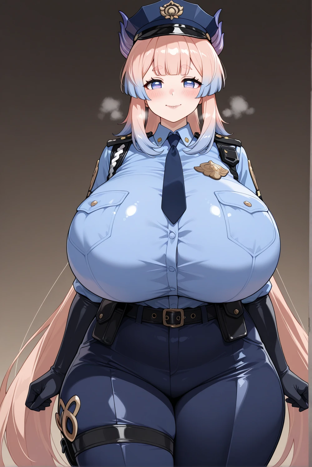One beautiful mature woman, alone, Gorgeous face, (blush)、((Wearing a police uniform)), ((Leg spread)), With an ass like that, Grin、Red lips, eye shadow, eyeliner, Huge breasts, Thighs Thighs, Please sit down、Pink Bob Hair, lingerie, (masterpiece, Highest quality, 8K, Realistic)