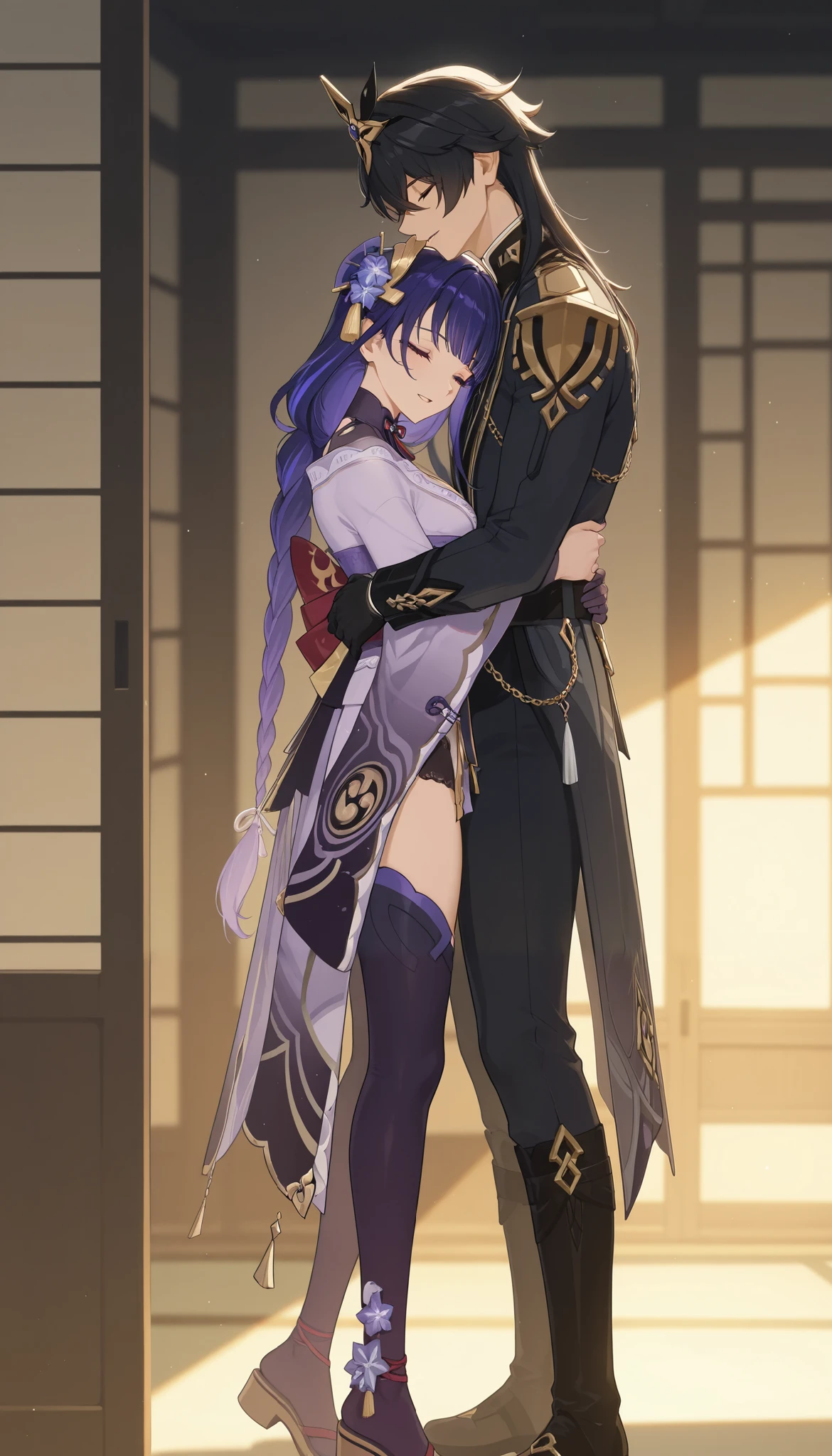 masterpiece, best quality, amazing quality, very aesthetic, newest, couple, hetero, (duo focus), 1girl \(raiden shogun: genshin impact\) \(detailed face, closed eyes, smile, parted lips, open mouth\) \(standing, hugging other, hugging male\), 1boy \(Capitano: genshin impact\) \(standing, hugging other, hugging female\), hug, hugging each other, japanese paper doors, warm lighting, sunlight, full shot, side view, (both in frame),
