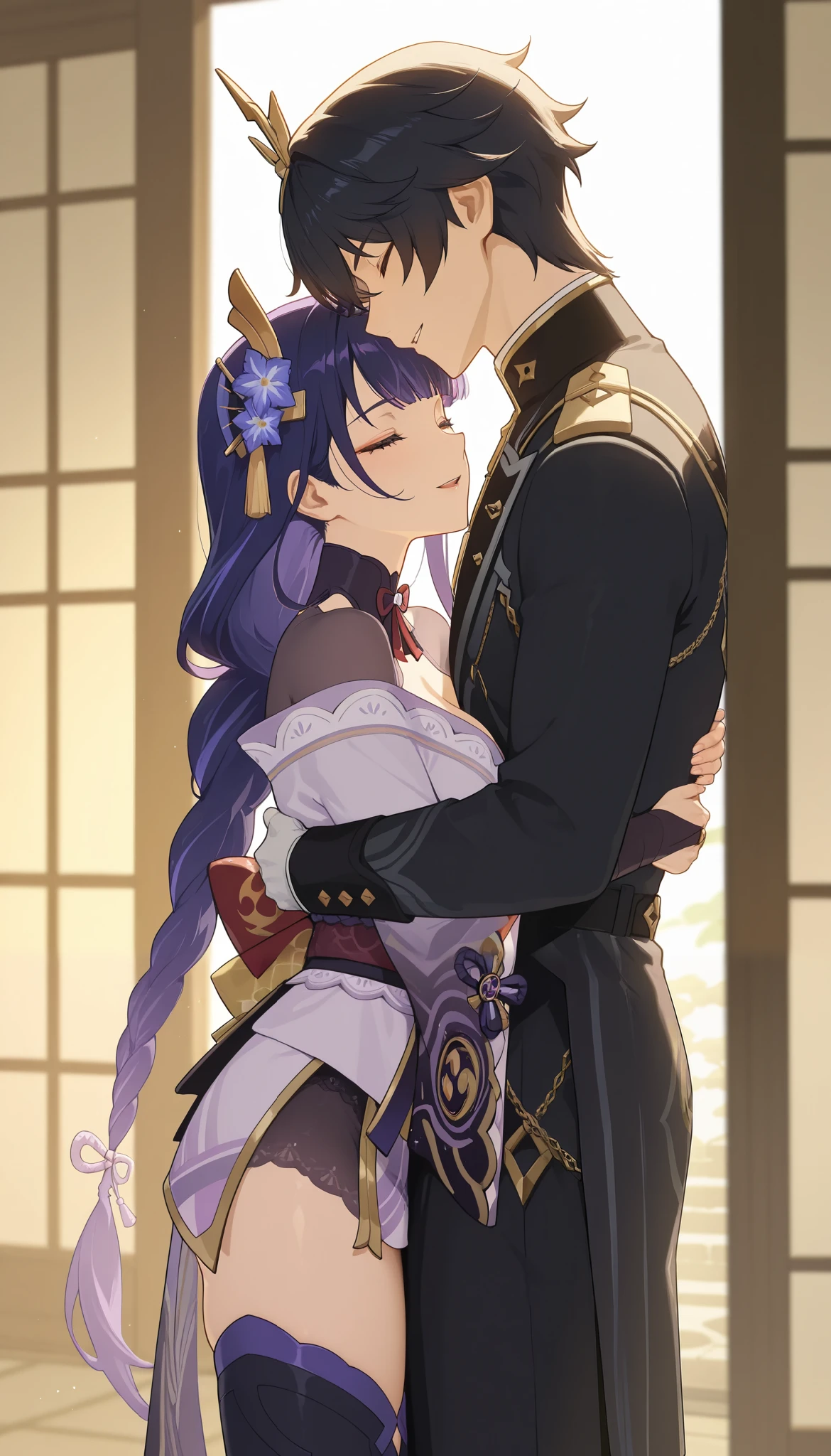 masterpiece, best quality, amazing quality, very aesthetic, newest, couple, hetero, (duo focus), 1girl \(raiden shogun: genshin impact\) \(detailed face, closed eyes, smile, parted lips, open mouth\) \(standing, hugging other, hugging male\), 1boy \(Capitano: genshin impact\) \(standing, hugging other, hugging female\), hug, hugging each other, japanese paper doors, warm lighting, sunlight, full shot, side view, (both in frame),