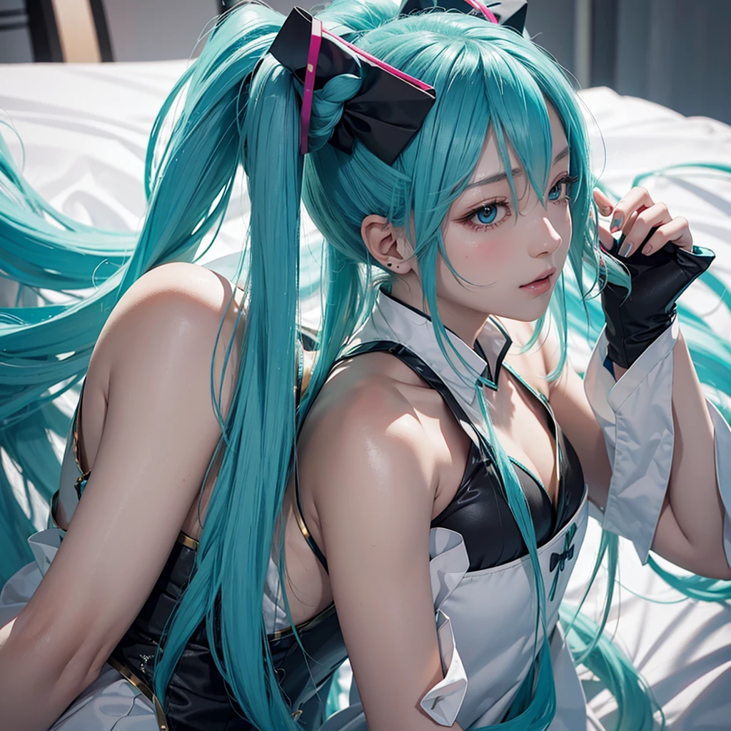 girl with blue hair sitting on a red and black blanket, portrait of hatsune miku, hatsune miku portrait, hatsune miku, miku, girl with teal hair, mikudayo, vocaloid, digital art on pixiv, top rated on pixiv, sona is a slender, beautiful artwork, art wallpaper 8 k, seductive girl