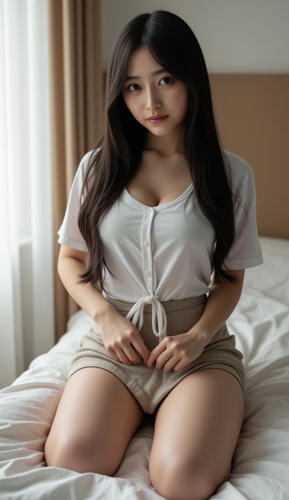 masterpiece, best quality, ultra-detailed, illustration, indonesian, 1adult girl, shoulder length hair,split bangs, horny face,, medium round breast, forward chest, fatty stomach, looking at viewer, best quality, (closed mouth, sad smile), beautiful detailed, (wear oversized t-shirt, drawstring shorts),(bed room), full body view, erotic pose