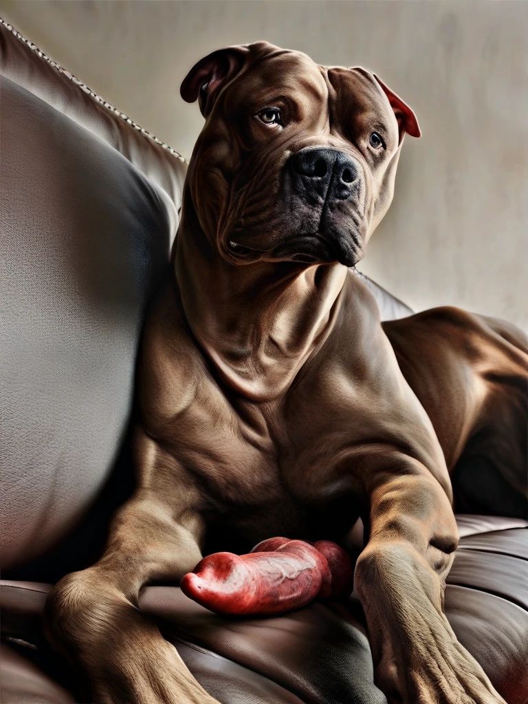 Muscular, sweaty, chubby and nude collared white bullterrier lays down on the bed with his legs spread wide and jerking off his big veiny canine cock, showing a detailed close-up of his huge sweaty paws in sneakers, the cock and sweaty hairy balls in the foreground. He is smiling and looking horny and naughty. The scene focuses on the close-up details: cock veins, sweaty wet hairy balls, wet fur, and drops of sweat. The setting is photorealistic, emphasizing masculinity and wilderness. The lighting is semi-darkness with soft light, highlighting the detailed textures of fur and sweat. The background and environment convey a sense of natural ruggedness, enhancing the overall mood of raw strength and relaxation.