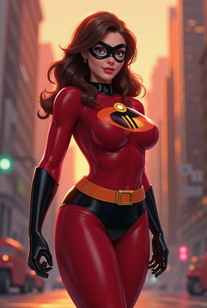 masterpiece, top quality, ultra high resolution, 8k, Helen Parr/Elastigirl (Movie The Incredibles 2), full body, thin, very detailed face, identical face, detailed eyes, mischievous smile, cheerful manner, wide hips, thick thighs, plump thighs, smooth and soft pellet