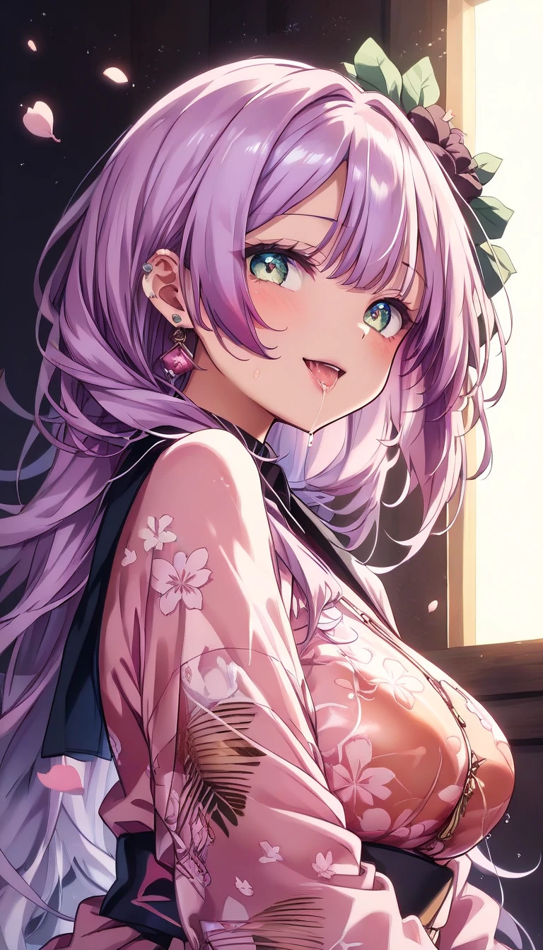 1 person、Mature、Ample breasts、Purple Hair、Long Hair、Trimmed bangs、Emerald green eyes、Jewelry decoration、necklace、bracelet、Earrings、No clothes、Upper body naked、Nipples、Embarrassing、blush、Look to the side、Nipplesを摘む、High resolution、Highest quality