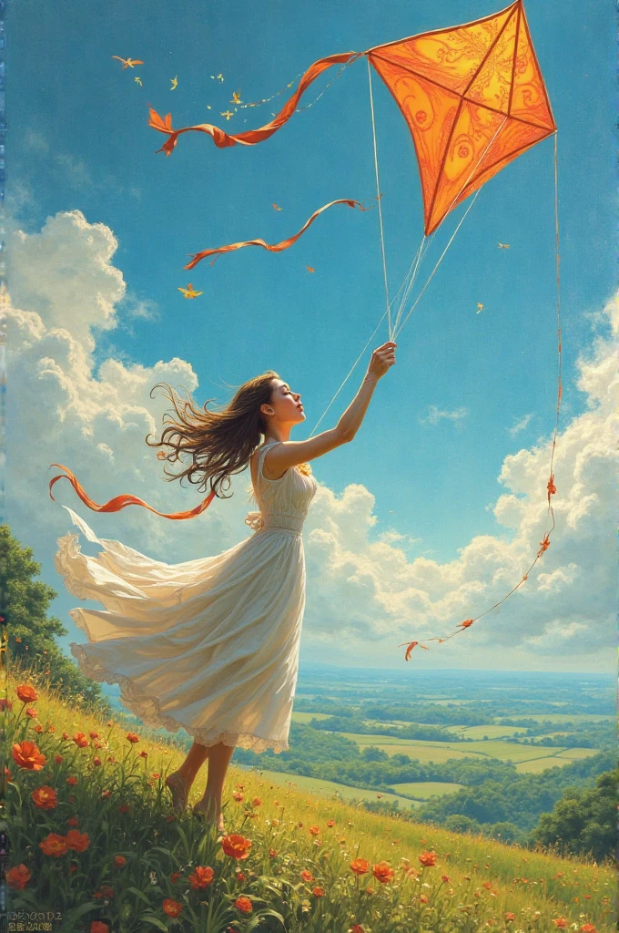Make a visually striking art of a woman flying a kite - SeaArt AI