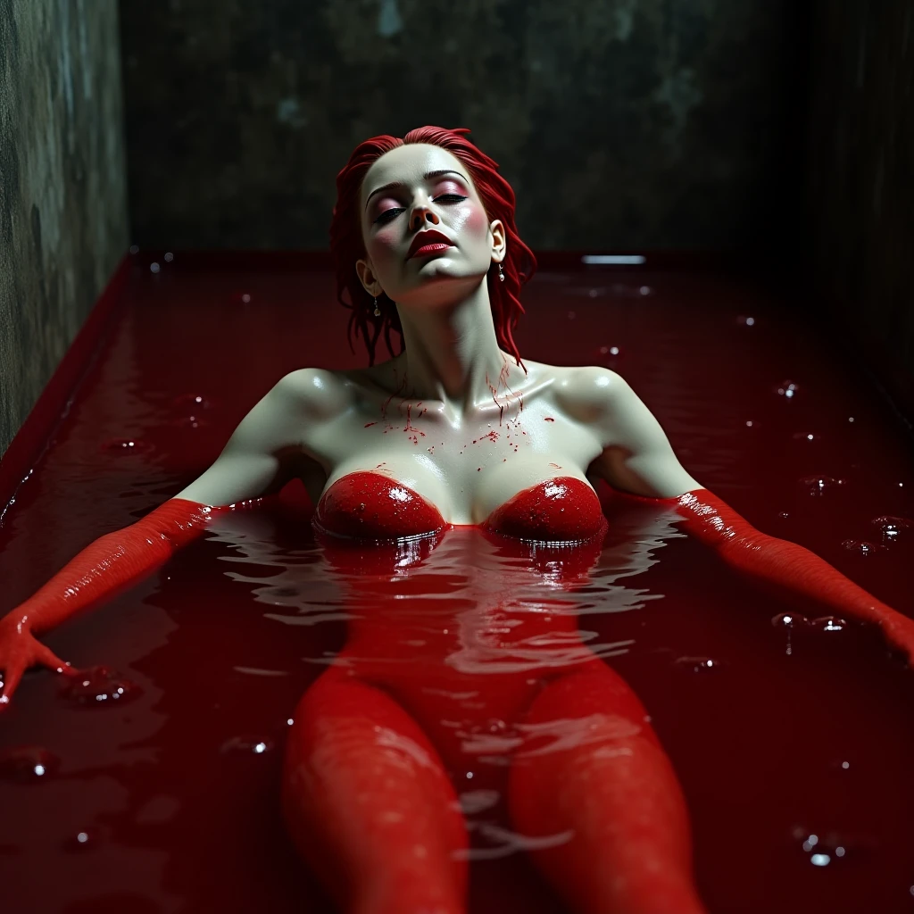 In a shocking contrast of elegance and turmoil, a Renaissance-style fragmented sculpture of an abstract form is depicted in porcelain slowly dissolving into red dark jelly. This captivating image portrays contorted in pain as the materials shift and blend. The high-quality photograph showcases the intricate details of the sculpture, from the delicate curves of her face to the flowing lines of her gown. The vibrant colors and striking imagery evoke a sense of deep emotion and artistic skill, drawing viewers into the gripping narrative of suffering and transformation.