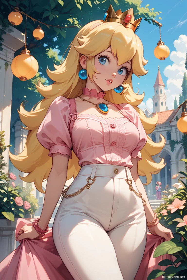 Pricesa peach de mario bros usando terno.