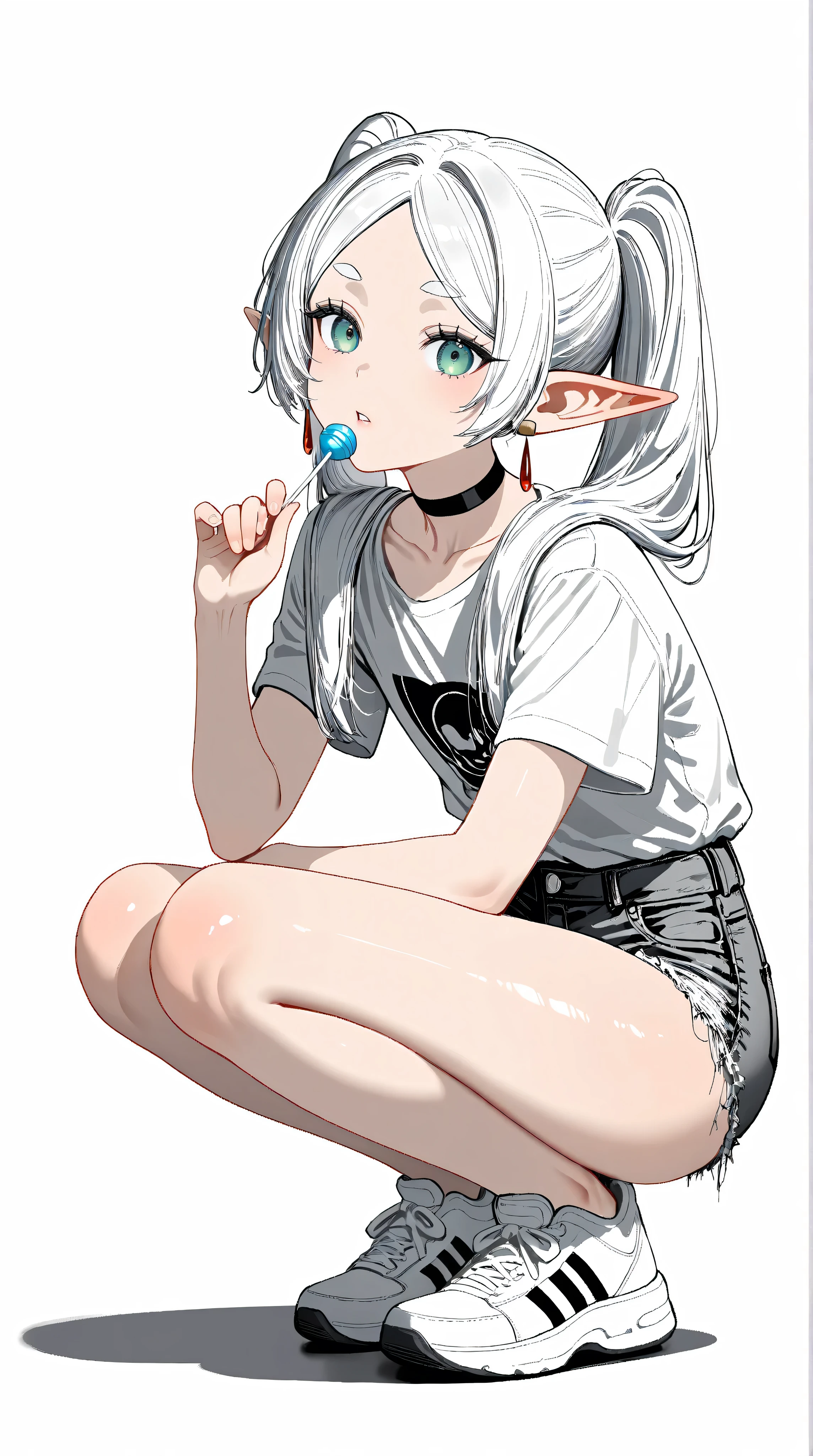 (lineart,screentones,monochrome,greyscale,comic),masterpiece,best quality,newest,highres,absurdres,very awa,shiny skin,(artist:loika:0.5),(artist:xiaoshou xiansheng:0.8),artist:rin31153336,artist:gawako,1girl, Frieren,solo,flat chest, long hair, simple background, white background,white white shirt, t-shirt, short sleeves,frayed denim shorts, head tilt,sneakers, twintails, full body,squatting,white hair, choker, pointy ears,elf,holding lollipop,lollipop inn mouth,parted lips,