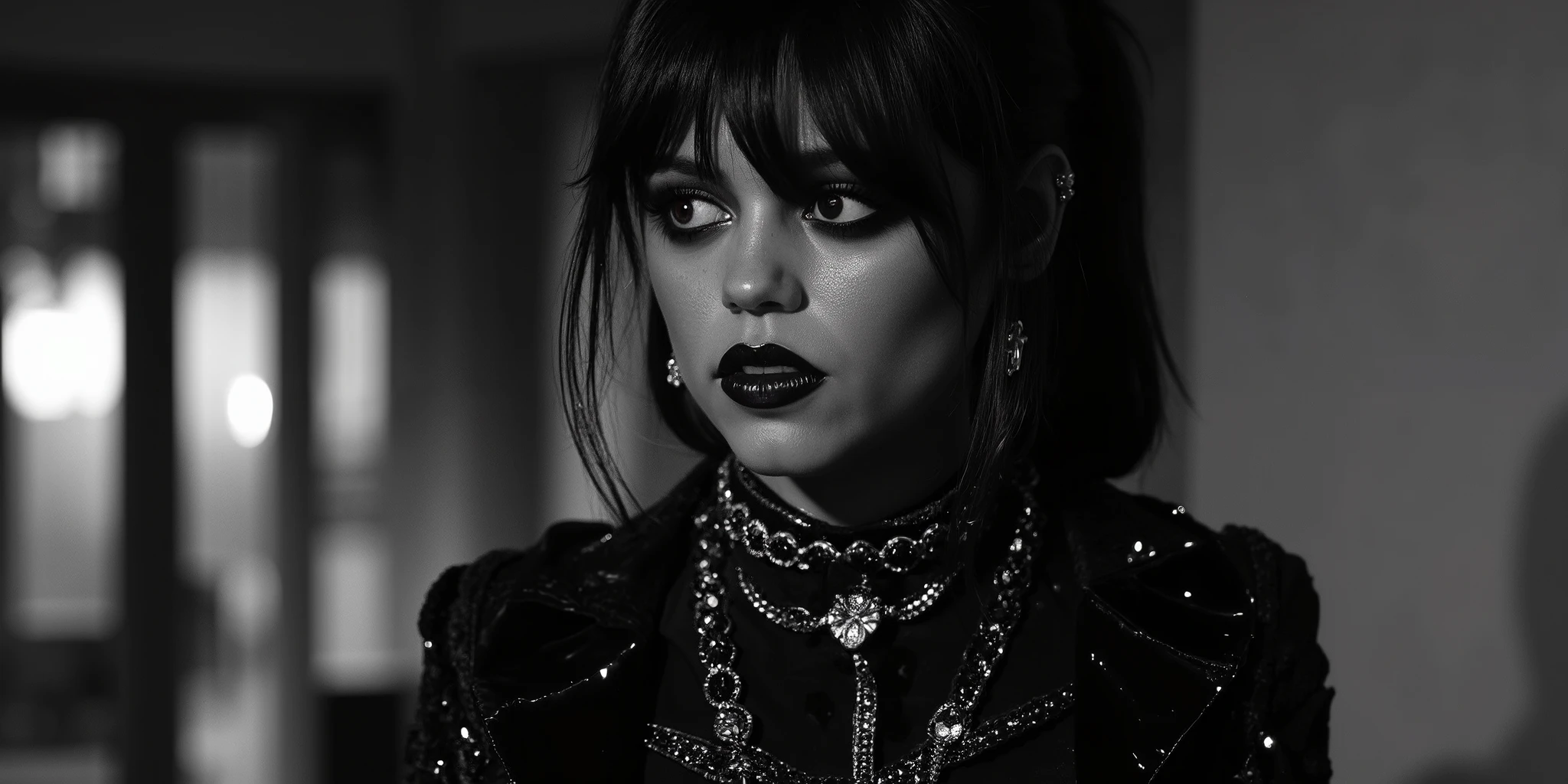a full body shot off a black and white ultra realistic stock photo of a strikingly beautiful punk goth style vampire female with large vividly defined emerald red eyes, dark purple glossy lipstick, visible vampire fangs, bob style hair with one side shaved. Wearing a vintage glossy black leather and chain outfit. Volumetric lighting.
