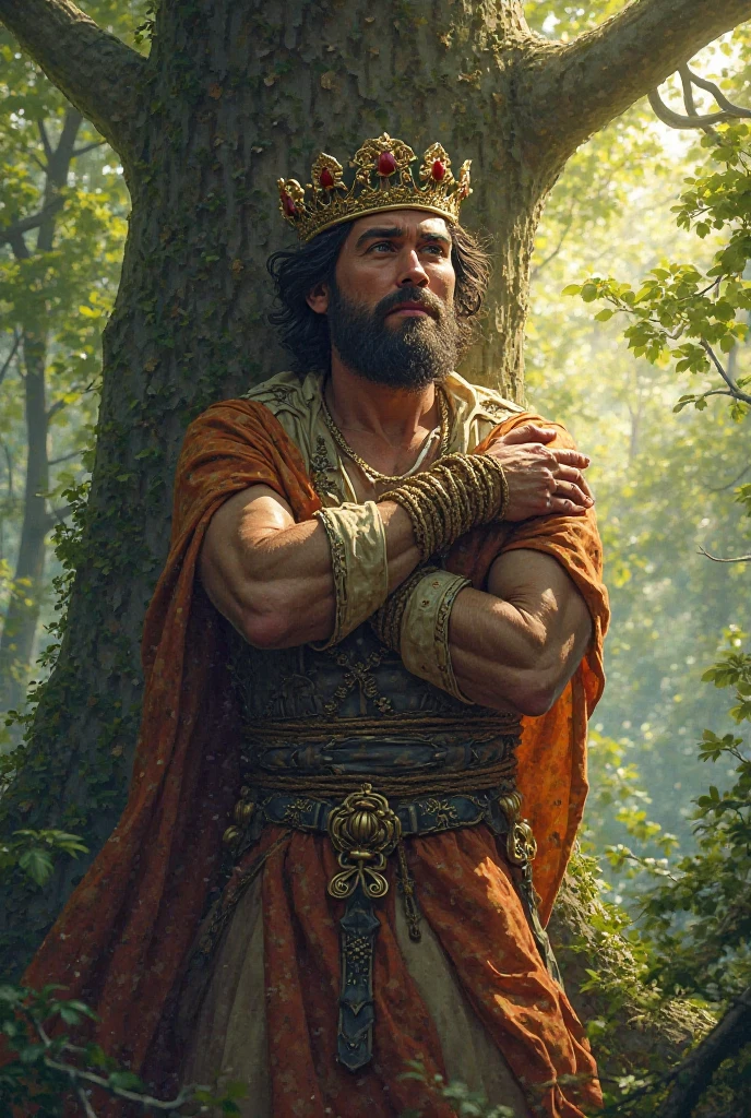 bosque de pinheiros. (((Pre-Raphaelite painting of Celtic man groans in pain, abaixo de um grande pinheiro selvagem))) paisagem celta, surpresa, boca aberta, espanto.