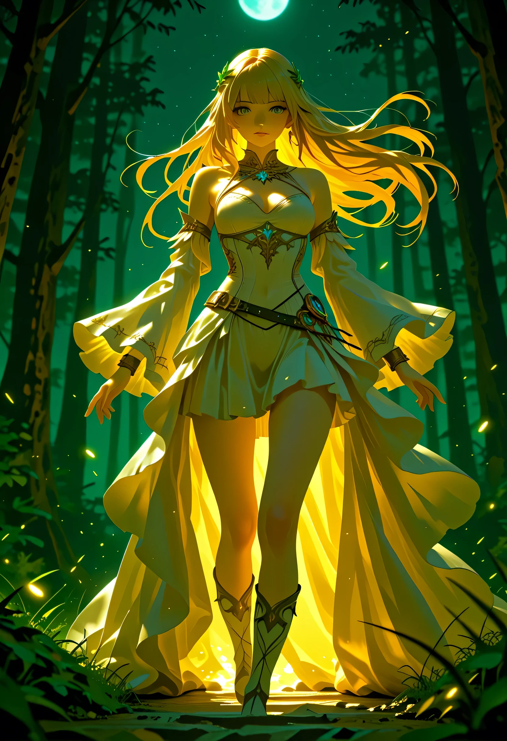 a fantasy beautiful bride walking in a fantasy forest, a beautiful bride best detailed face, dynamic hair color, dynamic hair style, the moon is rising there are star in the sky, romantic atmosphere , cinematic light, High Detail, Ultra High Quality, High Resolution, 16K Resolution, Ultra HD Pictures, Ultra Realistic, Clear Details, Realistic Detail, Ultra High Definition, Cinematic Shot, HCQ Style, Colorful