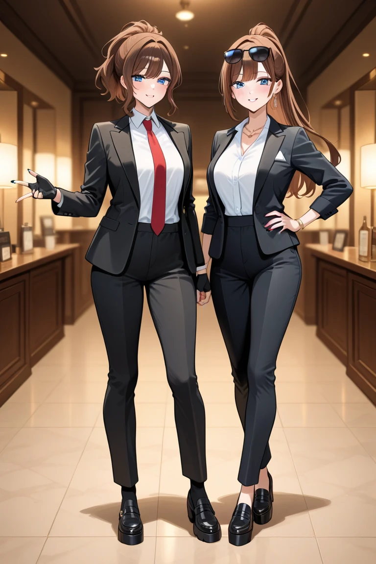 (1) There is one office lady with beautiful legs, (She is standing and showing off her beautiful legs:1.5), 
(2) (OL is standing:1.5), 
(3) OLはwhiteＶheadＴI&#39;Iは中にシャツを着ています、whiteＶheadＴI can almost see her cleavage through the shirt.、(I&#39;Iはその上にグレーのパンツスーツを着ています.:1.5)、Pantsuits fit perfectly、(The pants are semi-flare full length type..:1.5)、she is wearing black high heel pumps、
(4) (OL is showing her back、your face is facing this way:1.5)、
(5) Office woman has short brown hair., shining eyes, A provocative grin,
(6) The location is the office hallway.., 
(7) highest quality, High resolution, realistic pictures, realistic skin,