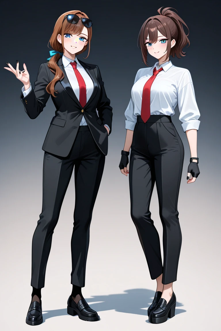 best quality, 2girl, beautiful angry business women looking at each other, yelling at each other, arguing, black business suit, black midi pencil skirt, black blazer, heels, full body, long hair, medium hair, office building, window