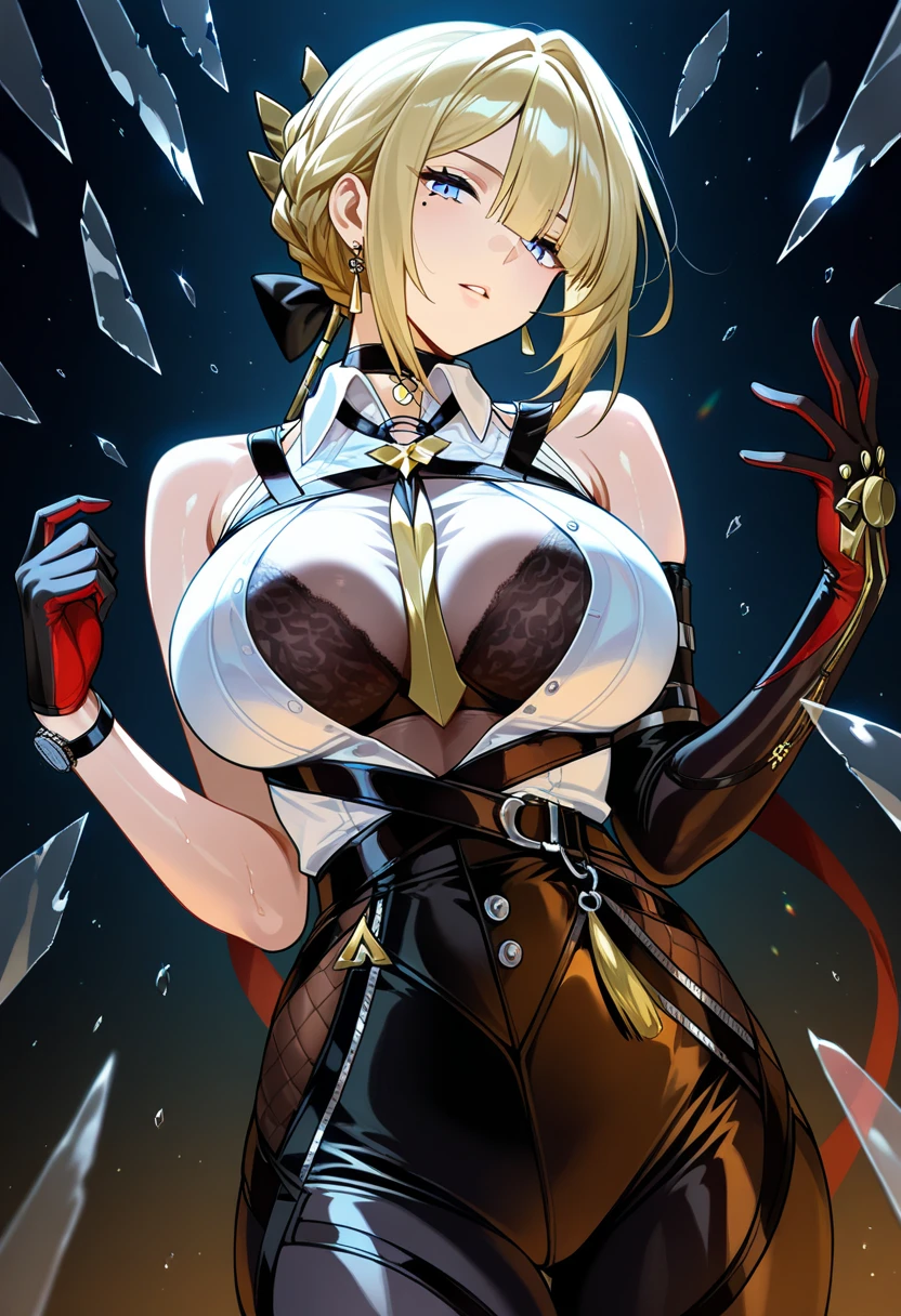 1 girl、Blonde、Short Hair、Darkleaper、Fantasy、Black clothing、((Aggressive design))、Clothes to seduce、Bigger breasts、Scarf、Look to the side、Cool people、Red Eyes、Fan、excited、Estrus、visible breath、Jail、Deprived of freedom、bondage、Constraints、((Bind the whole body with rope))