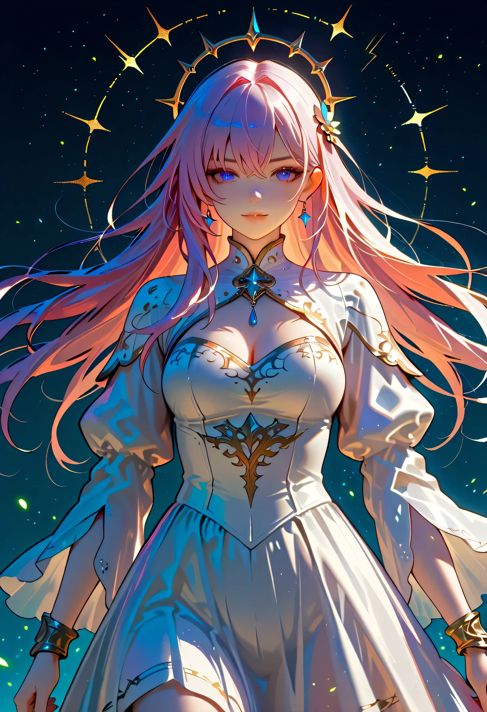 a fantasy beautiful bride walking in a fantasy forest, a beautiful bride best detailed face, dynamic hair color, dynamic hair style, the moon is rising there are star in the sky, romantic atmosphere , cinematic light, High Detail, Ultra High Quality, High Resolution, 16K Resolution, Ultra HD Pictures, Ultra Realistic, Clear Details, Realistic Detail, Ultra High Definition, Cinematic Shot, HCQ Style, Colorful