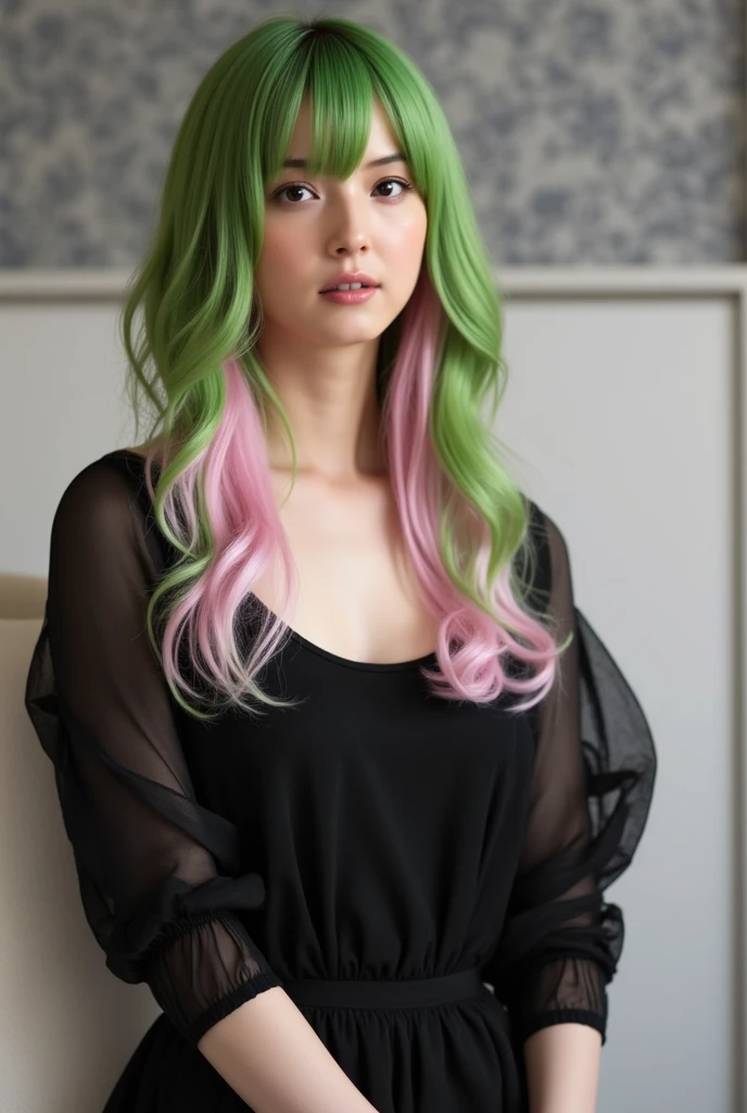 Princess in a pink dress with green eyes and very long wavy green hair
