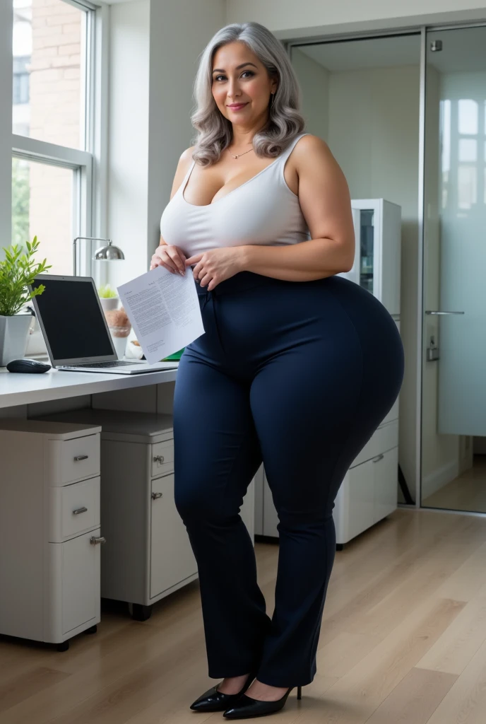 (((2heads))),**Render**: full - body, girl. woman. fat 1 person, fat, feminine face, no facial hair, no body hair, ,(((Dressed like an office worker))),blonde, overweight, thicc, holding a brown bag with documents, cute face, morena, detailed skin, A detailed eye, Rendering in highly detailed 4K resolution, Experience tense moments in the office cubicle .. detailed characteristics are highlighted. The background is bright in bright light, ((((large bulge in the pants))))