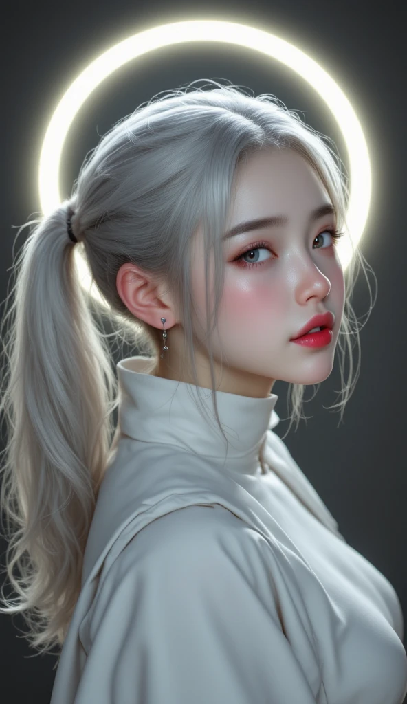 ((realistic, top quality, highest resolution, 8k)), ((accurate , accurate body, accurate hands, Accurate feet)), full body photo, she is a beautiful Japanese girl with lovely big , ponytail hair, silver hair, silver eyes, red lips, nun, Sister, 그녀는 흰색 nun복 의상을 입고 있다, nun 두건을 사용하고 있다, She is a very excellent believer, There's a halo behind her, bright smile