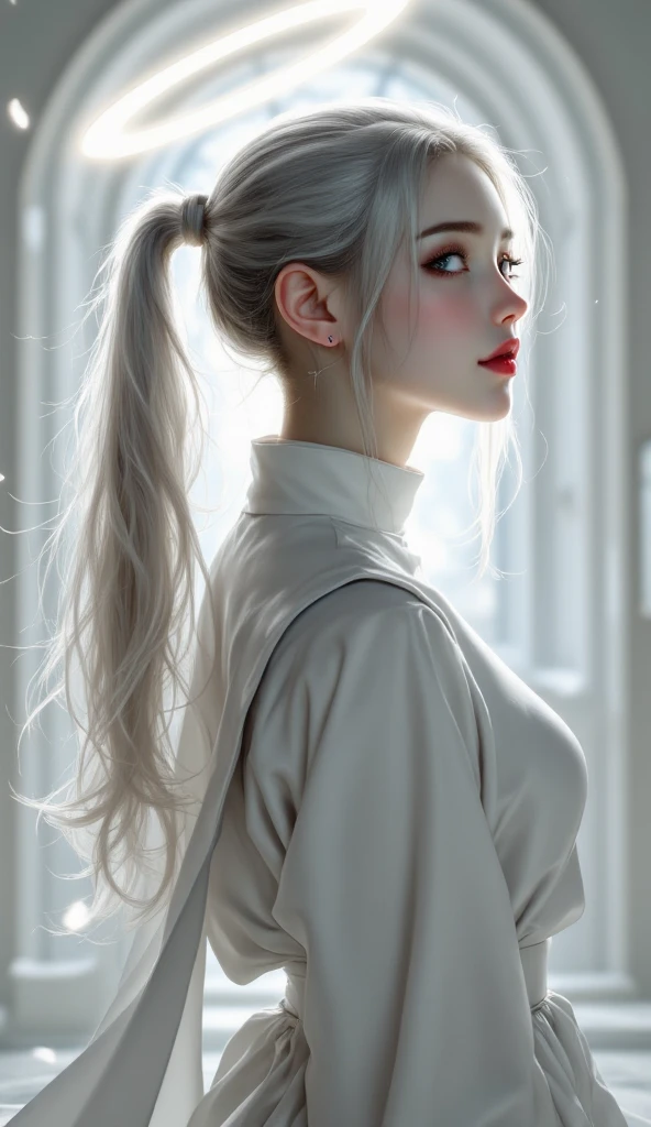 ((realistic, top quality, highest resolution, 8k)), ((accurate , accurate body, accurate hands, Accurate feet)), full body photo, she is a beautiful Japanese girl with lovely big , ponytail hair, silver hair, silver eyes, red lips, nun, Sister, 그녀는 흰색 nun복 의상을 입고 있다, nun 두건을 사용하고 있다, She is a very excellent believer, There's a halo behind her, bright smile