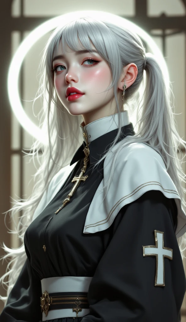 Best, Masterpiece, High Resolution, Best Quality, Ultra HD, Super Detail, Award-Limited, 16k, (Upper Body), Beautiful Girl, Gray Hair, Hair, ((Heterochromia)), Hanging Eye Corners, Fair Skin, (Small), (Slim Body), ((Cassock)), Stud Earrings, (Neck Rings), (Very, Very Short Gloves)