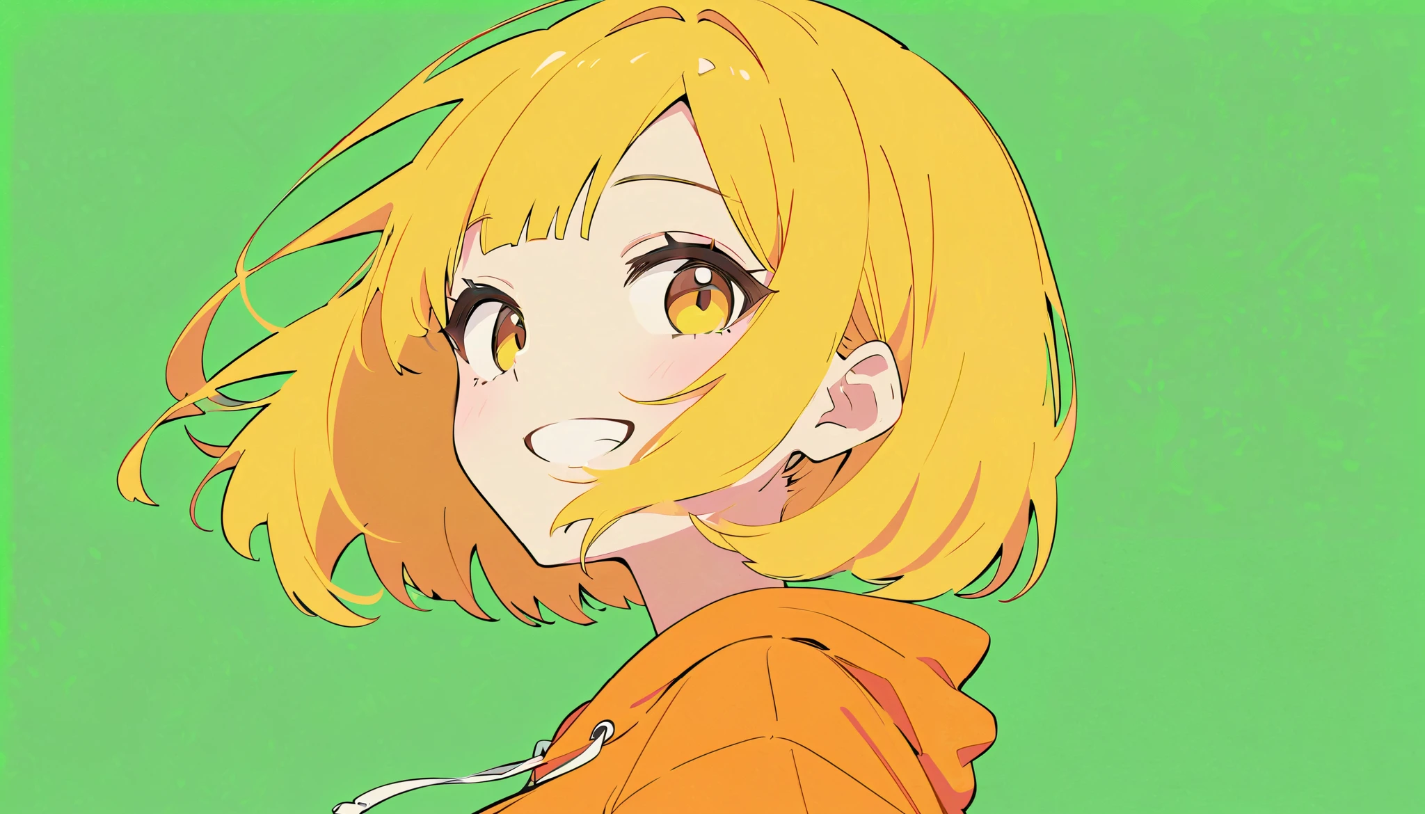 flat color,
1girl, solo,
yellow hair, bob cut, yellow eyes,
big smile, upper body,
from below, orange hoodie,
wide shot, simple background, green background,