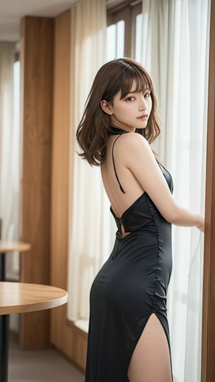 ((masterpiece))、((top-quality))、a picture、Realisticity、high-level image quality、Advanced depth of field、ultra-detailliert、Realistic lighting、married woman、age 30s、Delicate facial features、short-hair、Realistic backgrounds and accessories、large full breasts、Sexy smile、A seductive gaze、Sexy lips、resturant、(Black See-Through Night Dress)、Lean forward on the table、wide Shots、big butts、Voluptuous thighs、backs、stick out buttocks、