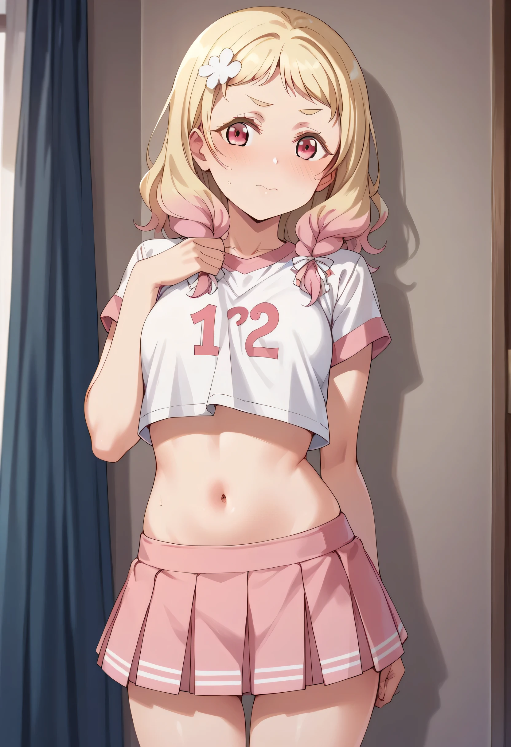 An image of Natsumi Onitsuka blushing, small blouse that reveals the pink navel and short cheerleader skirt standing in a room