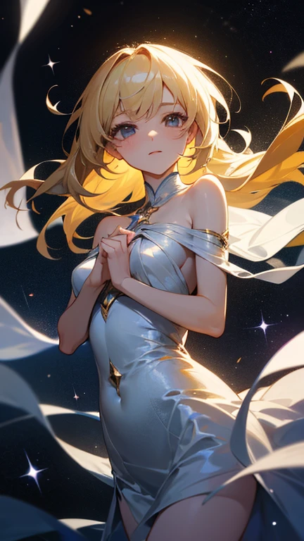 ((Highest quality)), ((masterpiece)), (Familiar), Lusamine、Ramping,thin,thin,Long blonde hair,Small breasts,Adult female,Green Eyes,Slanted Eyes,Sleeveless dress,White Dress,Gold embroidery,Long skirt,High heels,attractive、Face close-up,building,Moon and Sun、Long legs, Twinkle Star々,milky way,Bright sky,look at me,Look forward,Clear eyes and nose,cute,beautiful,
