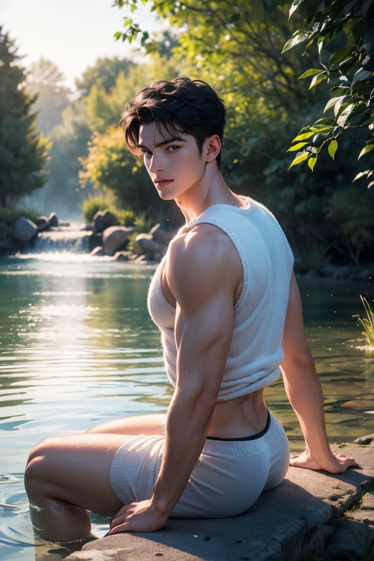 Violet eyes, monolid eyes, Short hair, Black hair, Fringe curly haircut, a young boy, gentle eyes, normal face, handsome boy, bright color, and he is a royal prince. Leaning against rock and wearing (Thong) with necklace and bracelet, with small tattoo on his navel down and leg, forest background, muscular and slim, abs, sexy and fully nude, sexy, wearing open vest and shoes, side view, open sunlight,