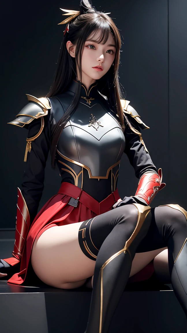 A cute and fairytale idol knight girl、whole body、Good style、、、、、、、、、、Thick legs、、Shiny red and black vampire armor costume（Blood Spear）、Neat and clean idol face、A fairytale haunted house（Glowing）、