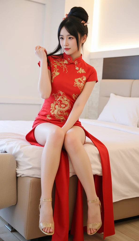 a close up of a woman in a red dress posing for a picture, sexy red dress, elegant seductive pose, wearing (classic red floral cheongsam dress:1.3), sexy classic floral cheongsam dress, organic fascinating geisha, classic cheongsam dress with red floral pattern, japanese goddess, Completely red, fascinating and charming, fascinating. very detailed, sexy girl, wearing a red cheongsam, (((Sit on the bed and open your legs to show your panties:1.5))), Sensual Woman, young sensual graceful, Show your big cleavage, ２０Japan years old, (full body photo:1.3), 